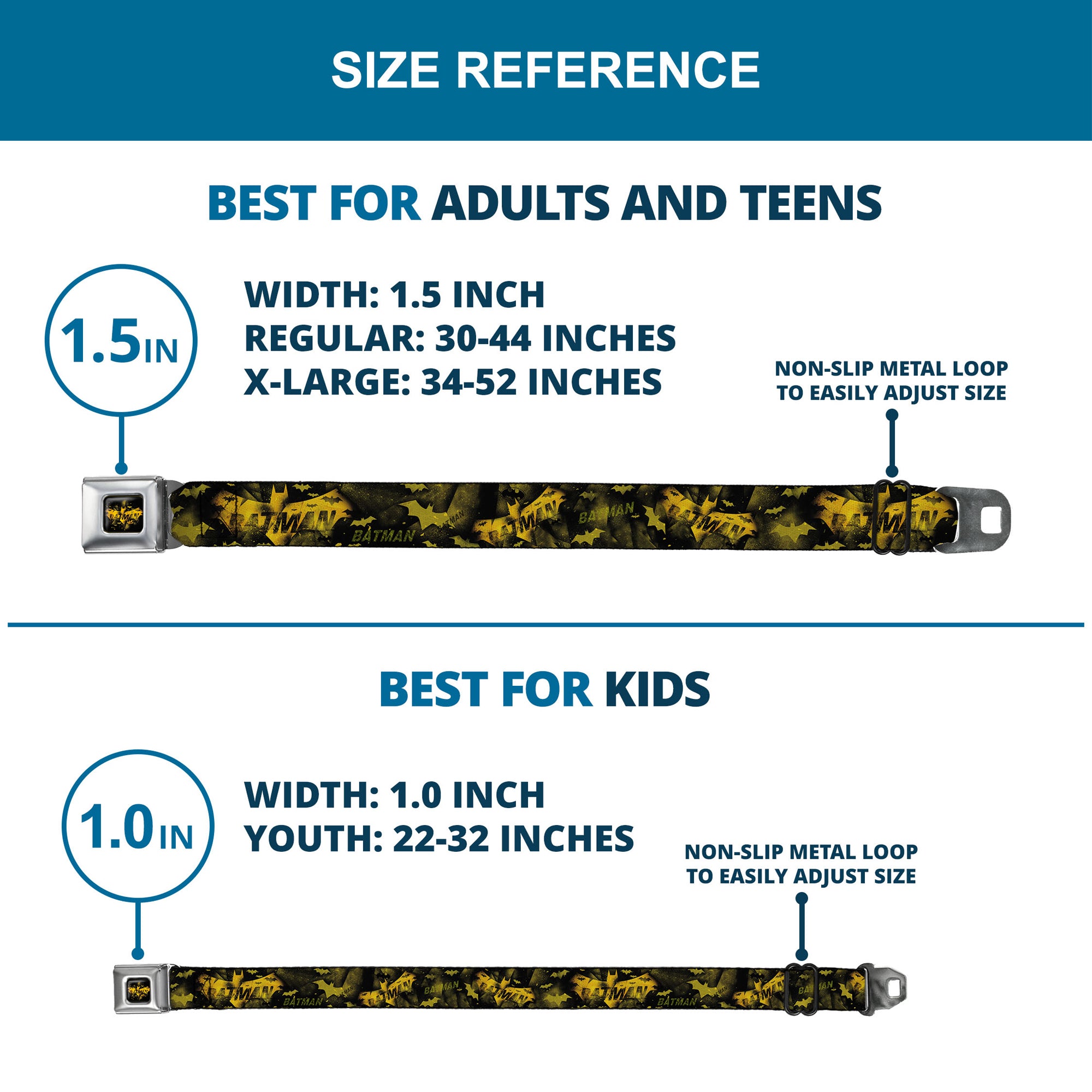 BATMAN-JL Bats Scattered Full Color Black Yellows Seatbelt Belt - JUSTICE LEAGUE-BATMAN Bats Scattered Black/Yellows Webbing Seatbelt Belts DC Comics