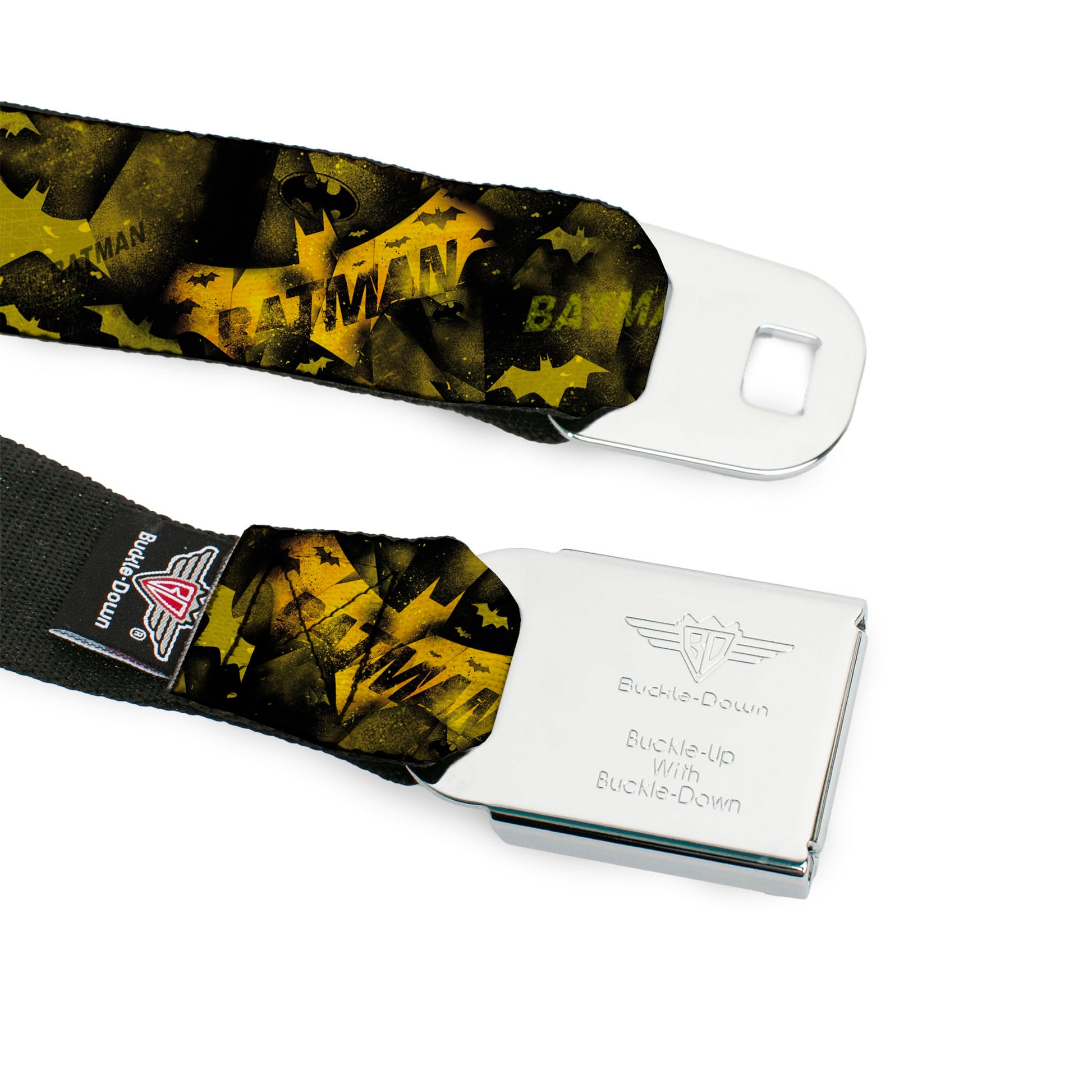 BATMAN-JL Bats Scattered Full Color Black Yellows Seatbelt Belt - JUSTICE LEAGUE-BATMAN Bats Scattered Black/Yellows Webbing Seatbelt Belts DC Comics