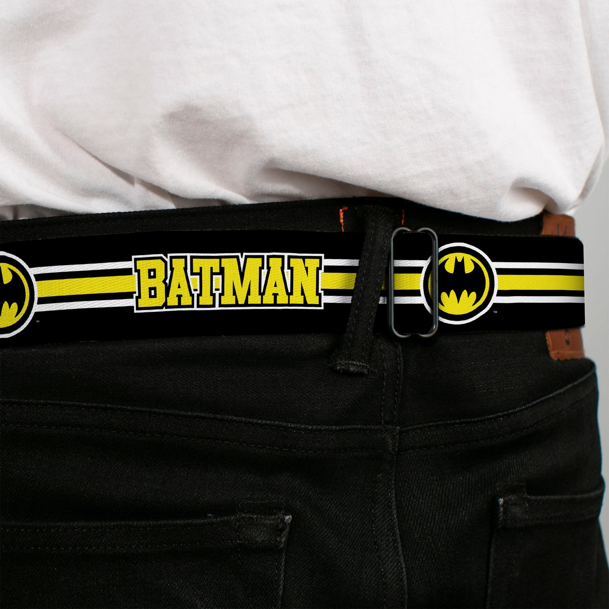 Bat Signal Full Color Black White Yellow Seatbelt Belt - BATMAN/Bat Signal Triple Stripe Black/White/Yellow Webbing Seatbelt Belts DC Comics