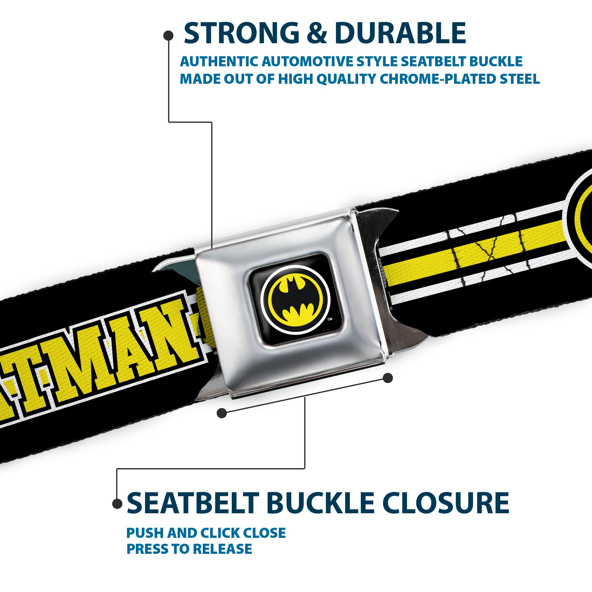 Bat Signal Full Color Black White Yellow Seatbelt Belt - BATMAN/Bat Signal Triple Stripe Black/White/Yellow Webbing Seatbelt Belts DC Comics
