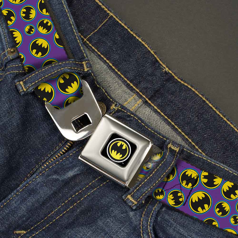 Bat Signal Full Color Black White Yellow Seatbelt Belt - Bat Signal Scattered Purple/Blue/Yellow/Black Webbing Seatbelt Belts DC Comics