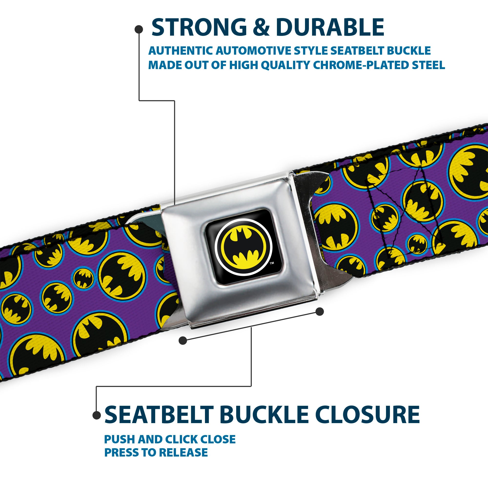 Bat Signal Full Color Black White Yellow Seatbelt Belt - Bat Signal Scattered Purple/Blue/Yellow/Black Webbing Seatbelt Belts DC Comics