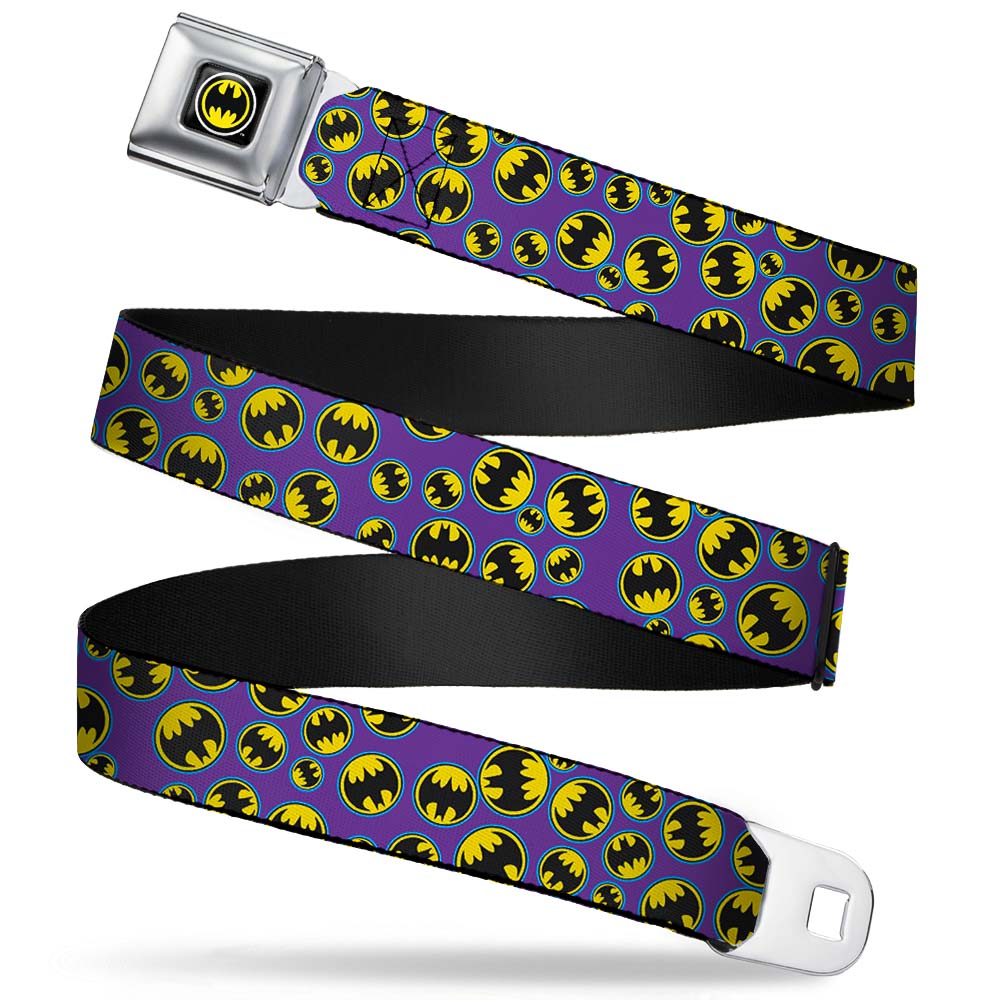 Bat Signal Full Color Black White Yellow Seatbelt Belt - Bat Signal Scattered Purple/Blue/Yellow/Black Webbing Seatbelt Belts DC Comics