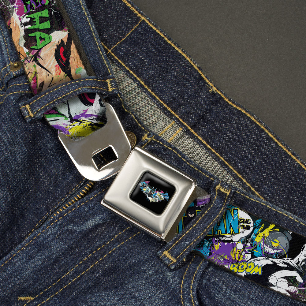 Batman Logo Full Color Black GOTHAM CITY Graffiti Seatbelt Belt - BATMAN/Joker Face CLOSE-UP Gotham City Graffiti Collage Webbing Seatbelt Belts DC Comics