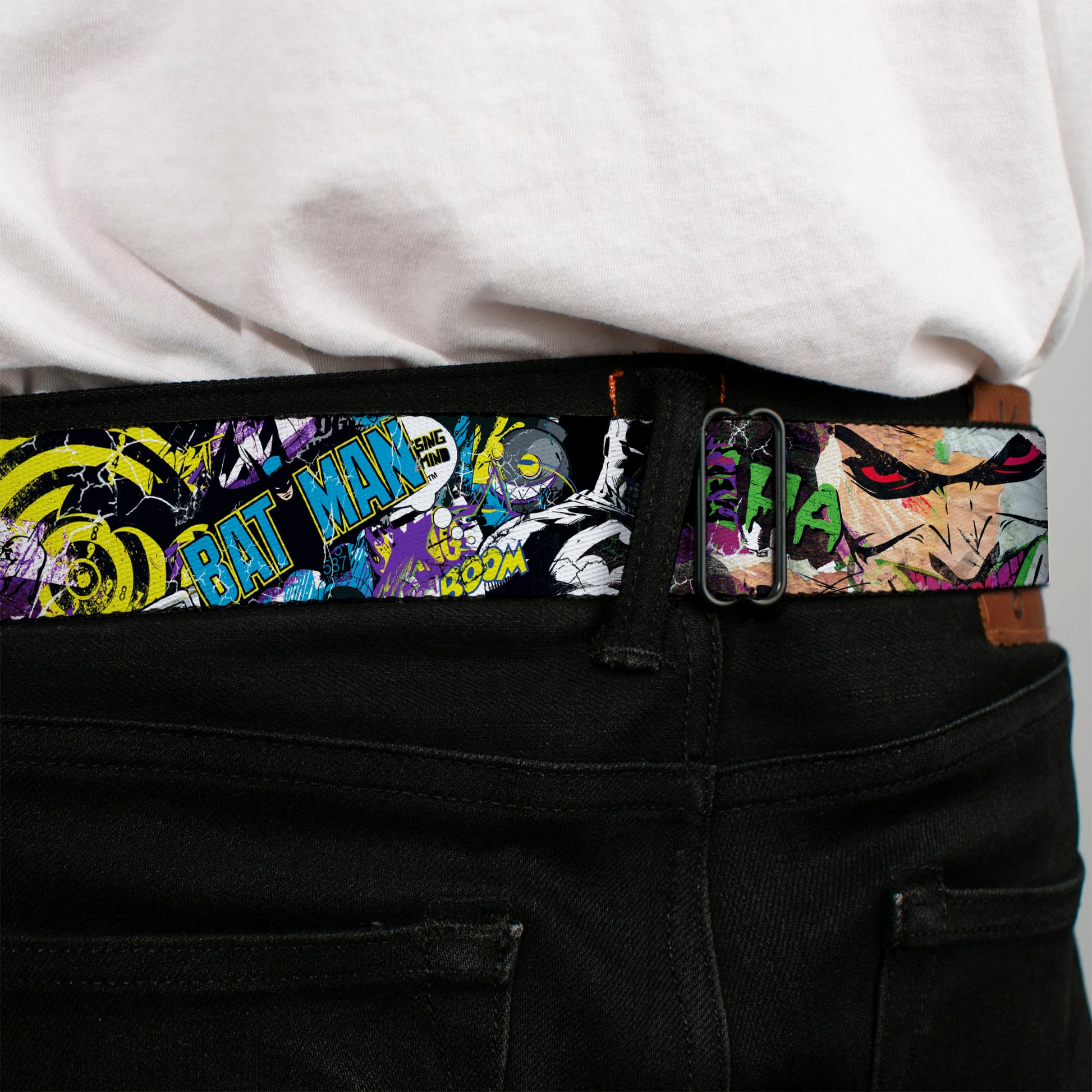 Batman Logo Full Color Black GOTHAM CITY Graffiti Seatbelt Belt - BATMAN/Joker Face CLOSE-UP Gotham City Graffiti Collage Webbing Seatbelt Belts DC Comics