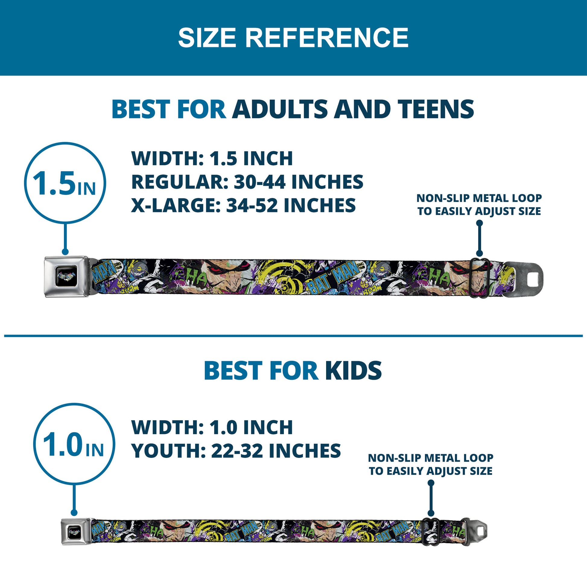 Batman Logo Full Color Black GOTHAM CITY Graffiti Seatbelt Belt - BATMAN/Joker Face CLOSE-UP Gotham City Graffiti Collage Webbing Seatbelt Belts DC Comics