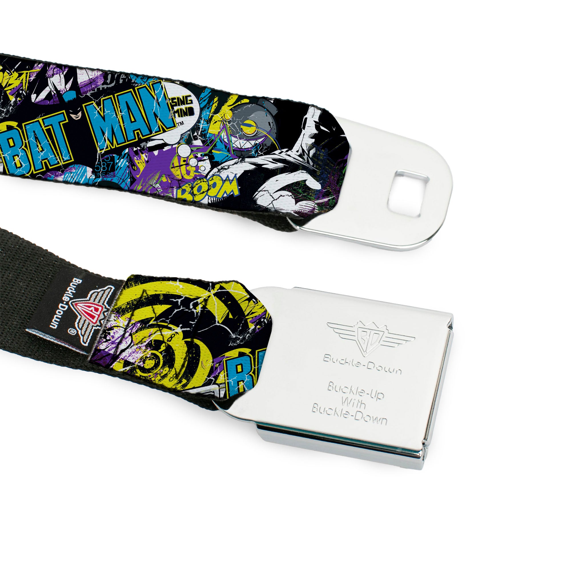 Batman Logo Full Color Black GOTHAM CITY Graffiti Seatbelt Belt - BATMAN/Joker Face CLOSE-UP Gotham City Graffiti Collage Webbing Seatbelt Belts DC Comics