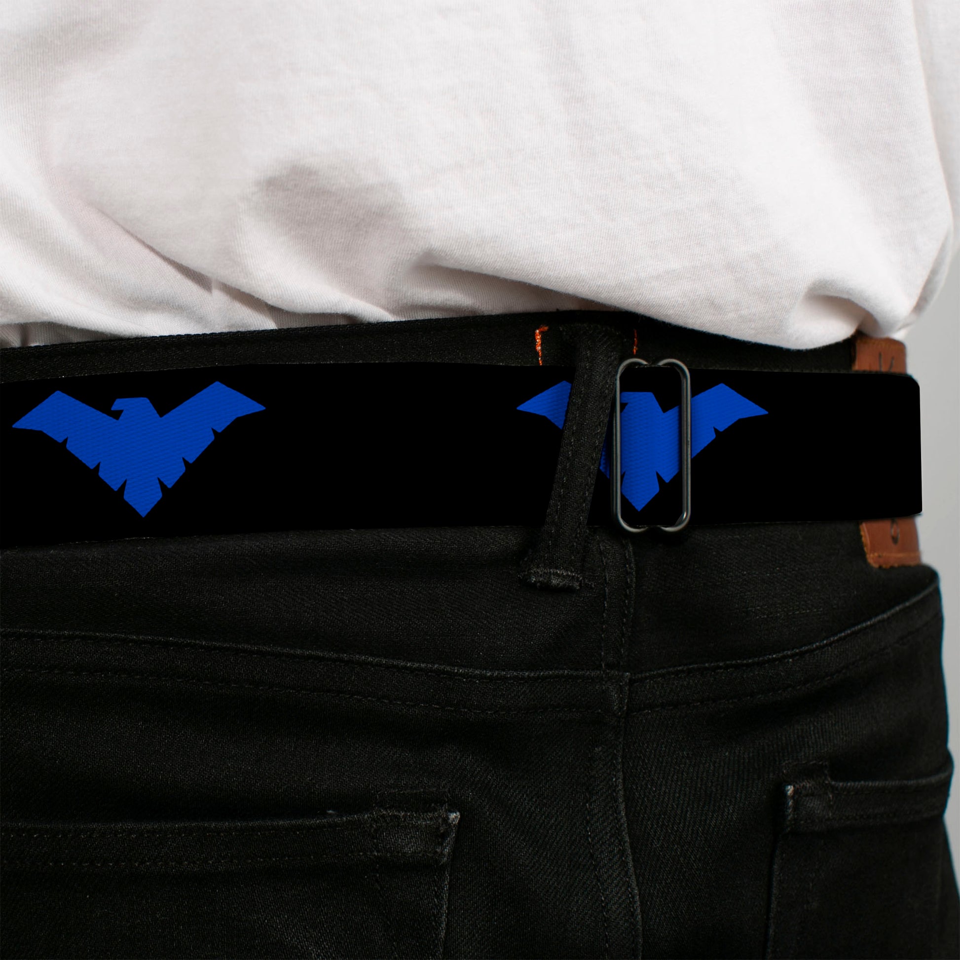 Nightwing Logo Full Color Black Blue Seatbelt Belt - Nightwing Logo Black/Blue Webbing Seatbelt Belts DC Comics