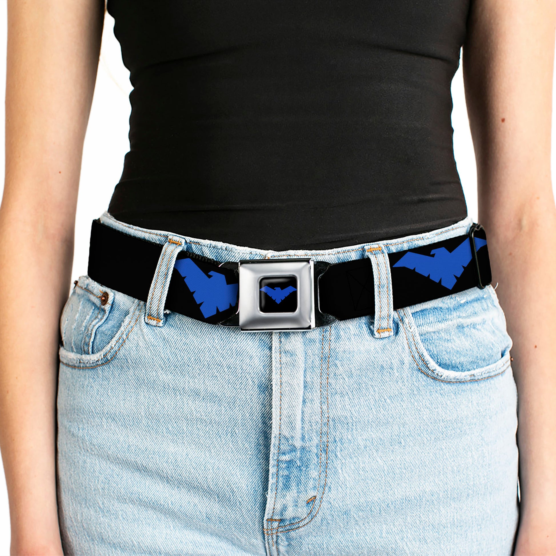 Nightwing Logo Full Color Black Blue Seatbelt Belt - Nightwing Logo Black/Blue Webbing Seatbelt Belts DC Comics