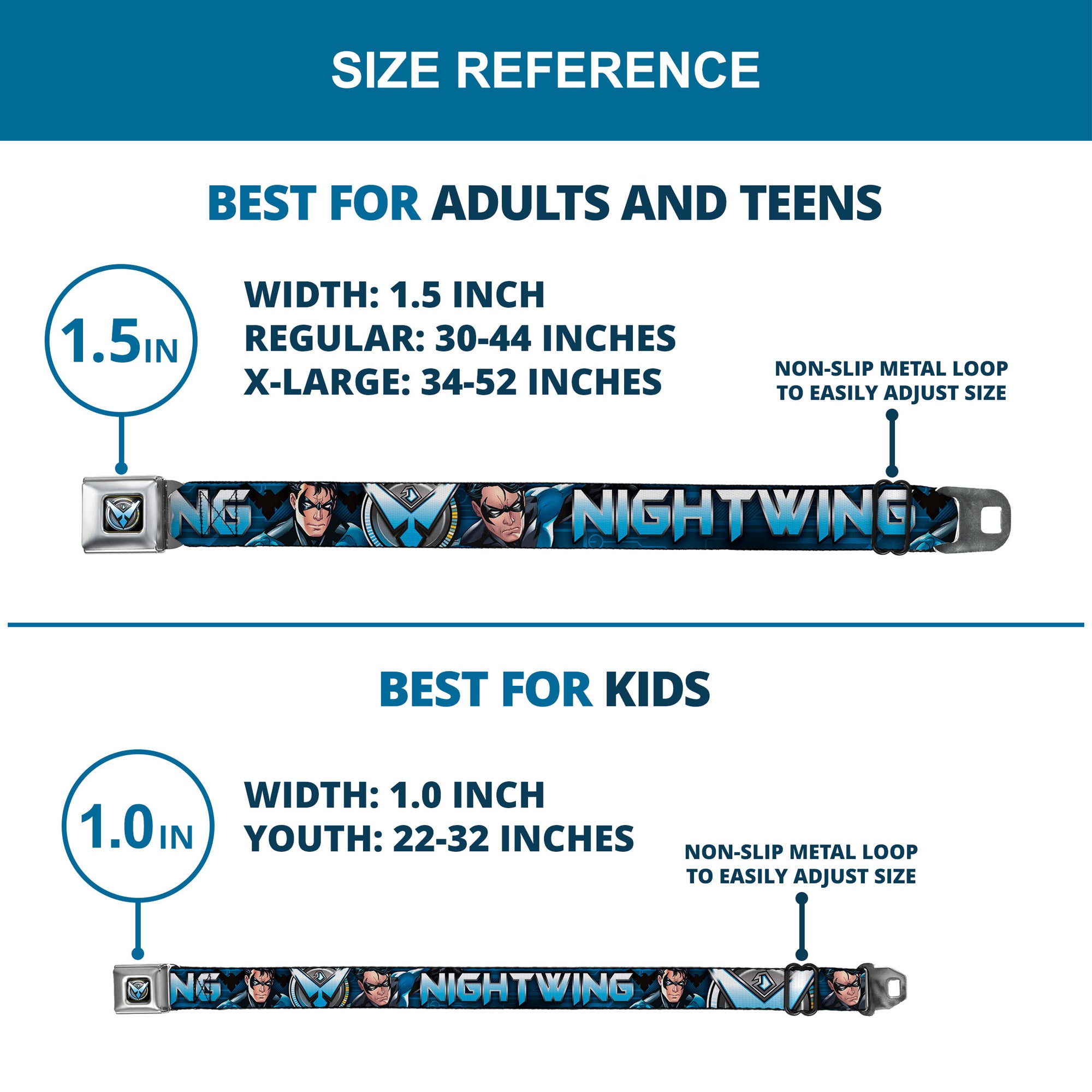 Nightwing Logo2 Full Color Black Blues Yellow Seatbelt Belt - NIGHTWING Poses/Logo Black/Blues Webbing Seatbelt Belts DC Comics