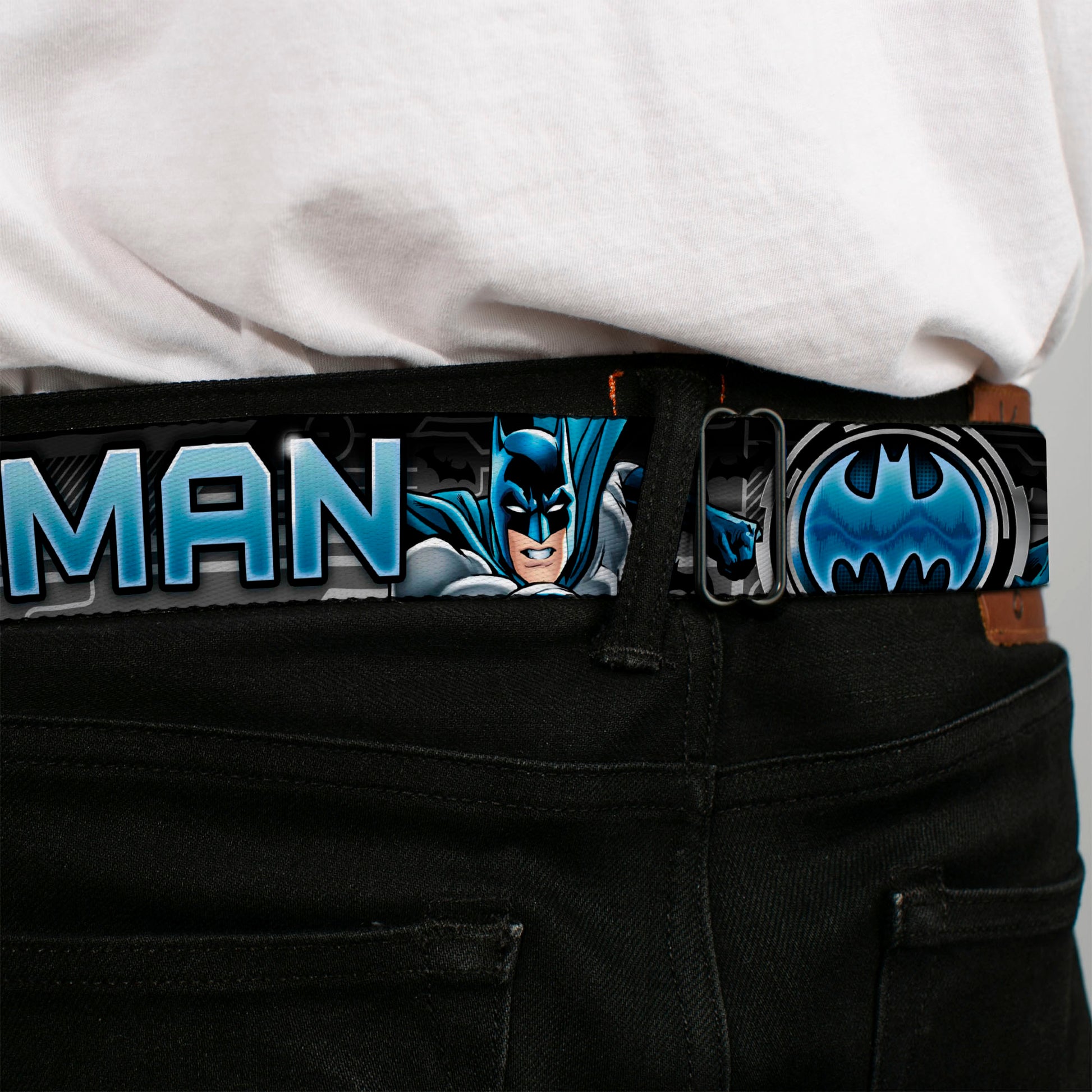 Bat Signal Full Color Black Gray Blues Seatbelt Belt - BATMAN Poses/Bat Signal CLOSE-UP Black/Grays/Blues Webbing Seatbelt Belts DC Comics