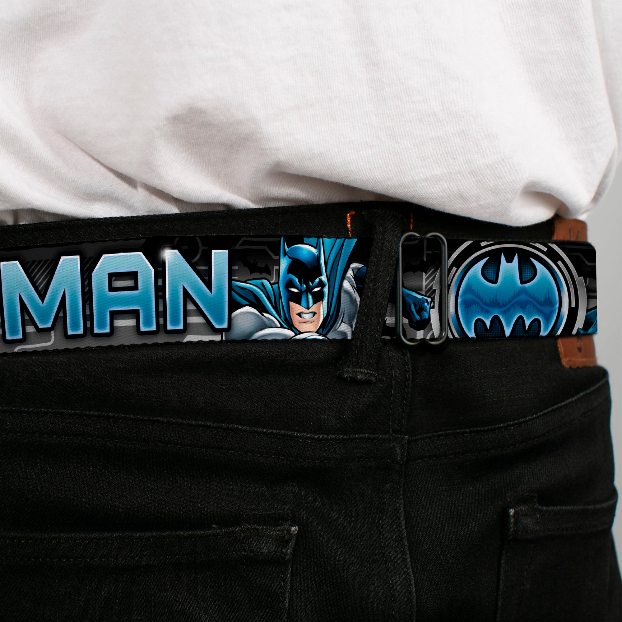 Bat Signal Full Color Black Gray Blues Seatbelt Belt - BATMAN Poses/Bat Signal CLOSE-UP Black/Grays/Blues Webbing Seatbelt Belts DC Comics