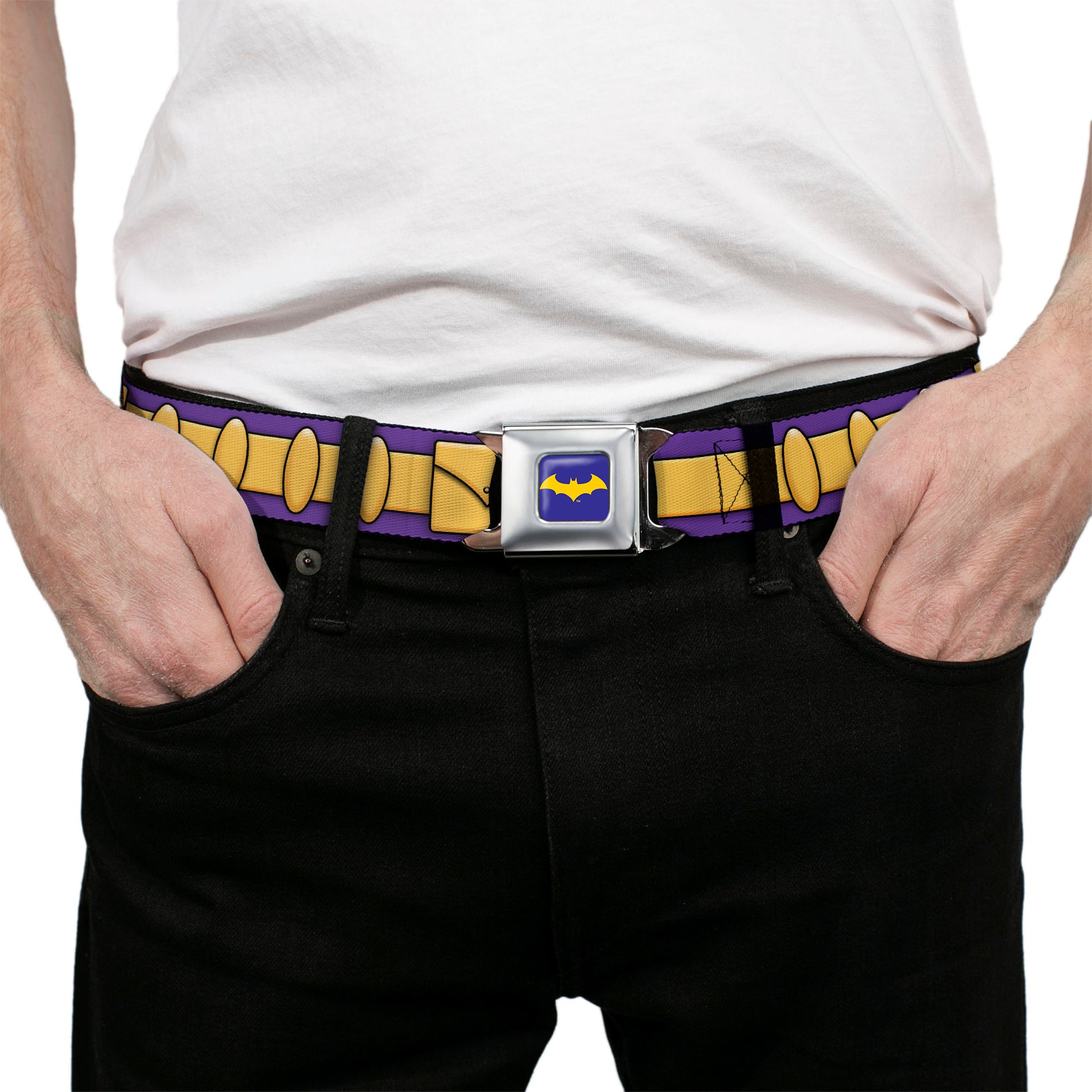 Bat Logo Full Color Purple Gold Seatbelt Belt - Batgirl Utility Belt Purple/Gold Webbing Seatbelt Belts DC Comics