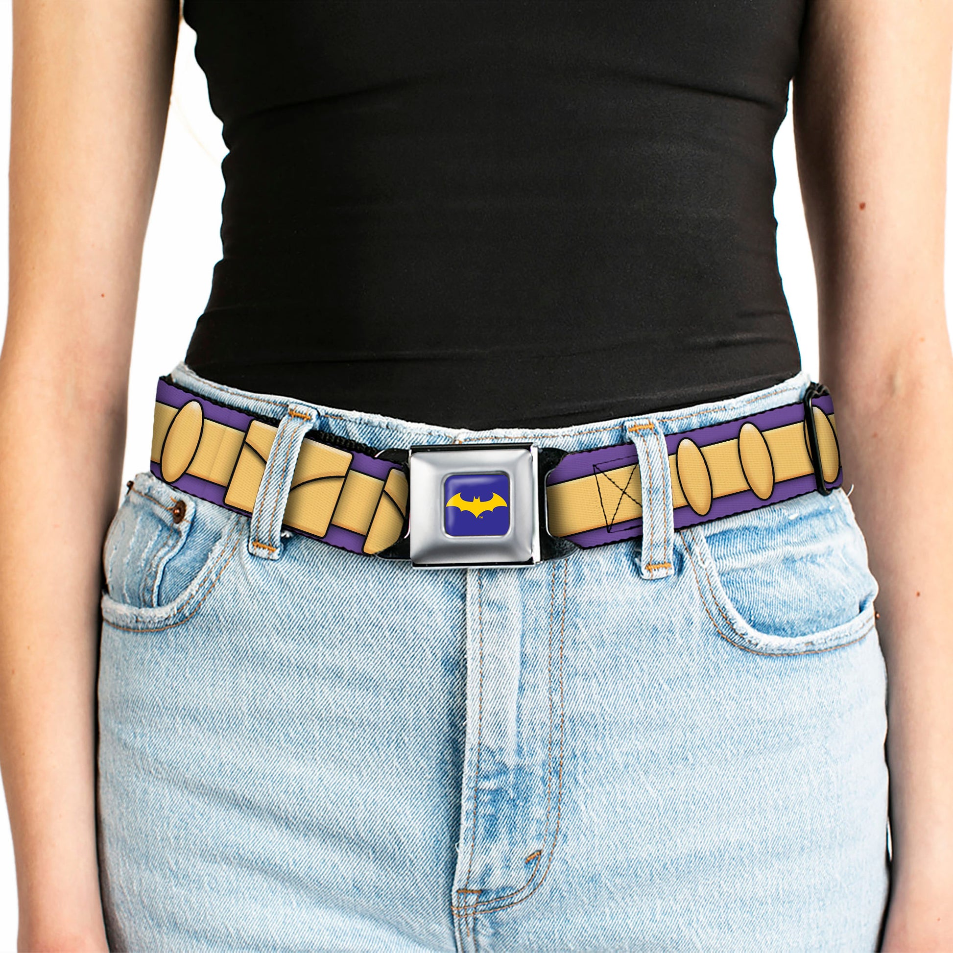 Bat Logo Full Color Purple Gold Seatbelt Belt - Batgirl Utility Belt Purple/Gold Webbing Seatbelt Belts DC Comics