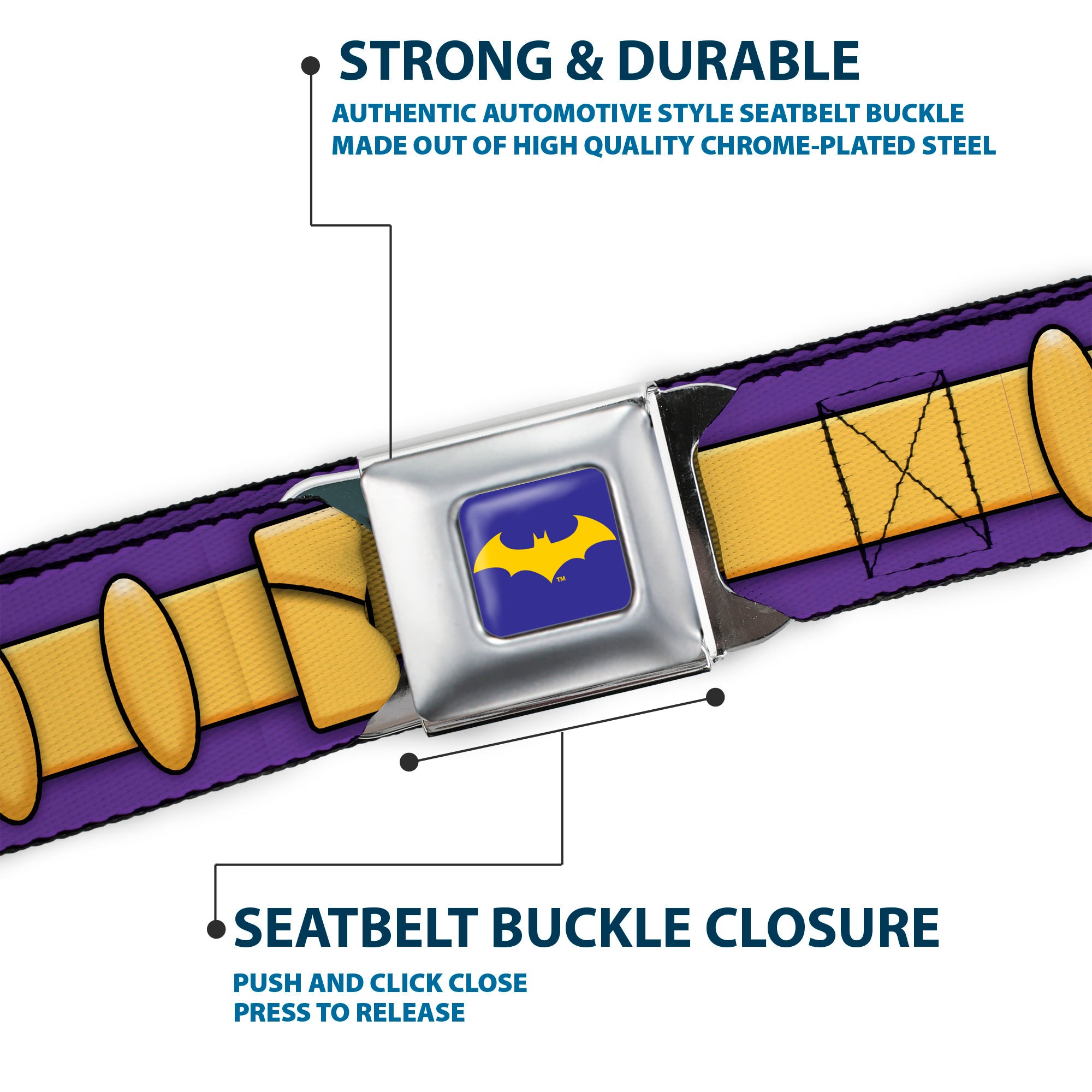 Bat Logo Full Color Purple Gold Seatbelt Belt - Batgirl Utility Belt Purple/Gold Webbing Seatbelt Belts DC Comics