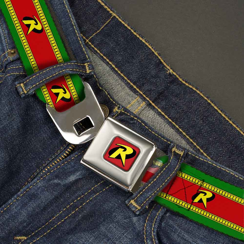 Robin "R" Logo Full Color Red Black Yellow Seatbelt Belt - Robin "R" Logo Stripe Green/Yellow/Red/Black Webbing Seatbelt Belts DC Comics