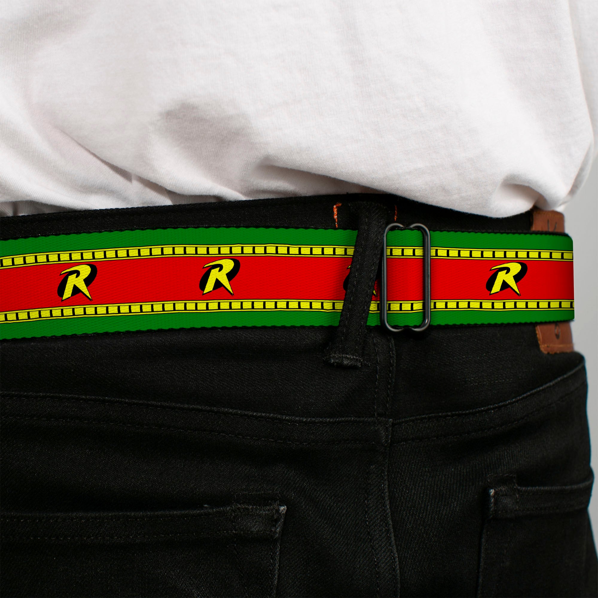 Robin "R" Logo Full Color Red Black Yellow Seatbelt Belt - Robin "R" Logo Stripe Green/Yellow/Red/Black Webbing Seatbelt Belts DC Comics