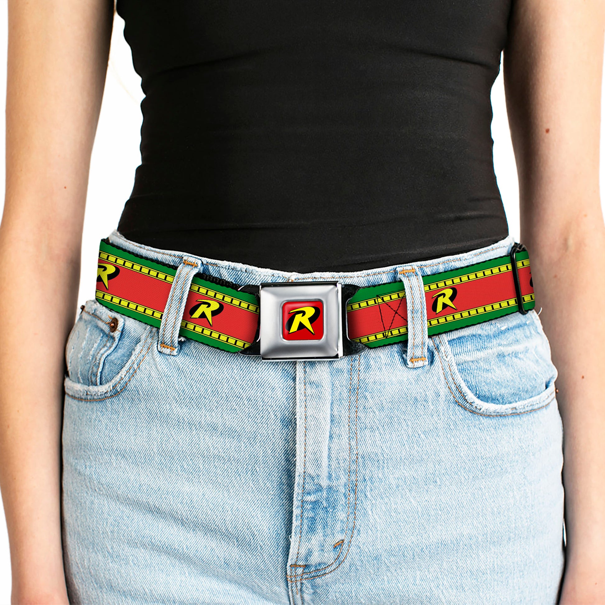Robin "R" Logo Full Color Red Black Yellow Seatbelt Belt - Robin "R" Logo Stripe Green/Yellow/Red/Black Webbing Seatbelt Belts DC Comics
