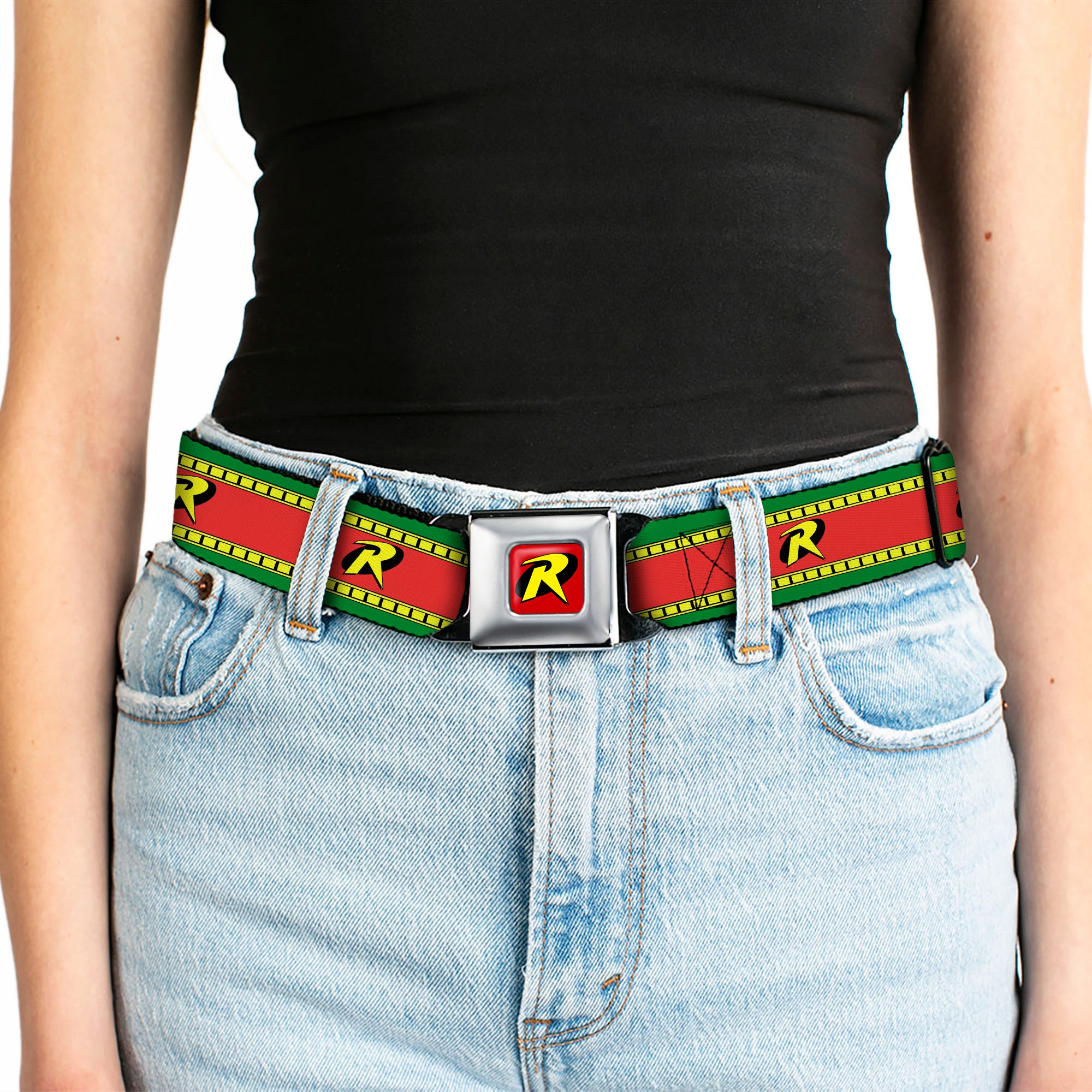 Robin "R" Logo Full Color Red Black Yellow Seatbelt Belt - Robin "R" Logo Stripe Green/Yellow/Red/Black Webbing Seatbelt Belts DC Comics