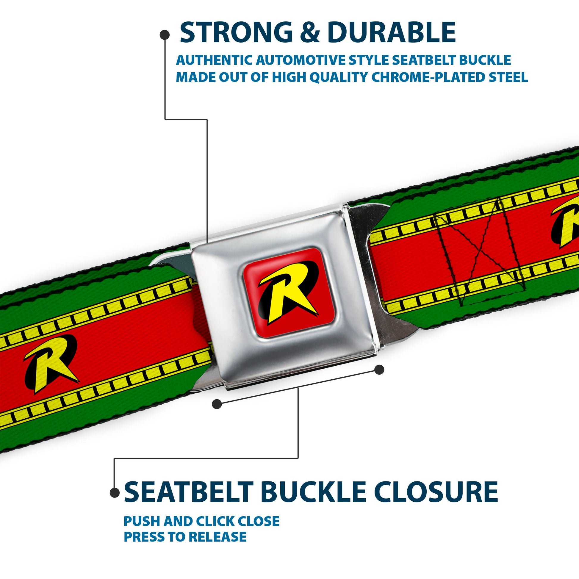 Robin "R" Logo Full Color Red Black Yellow Seatbelt Belt - Robin "R" Logo Stripe Green/Yellow/Red/Black Webbing Seatbelt Belts DC Comics