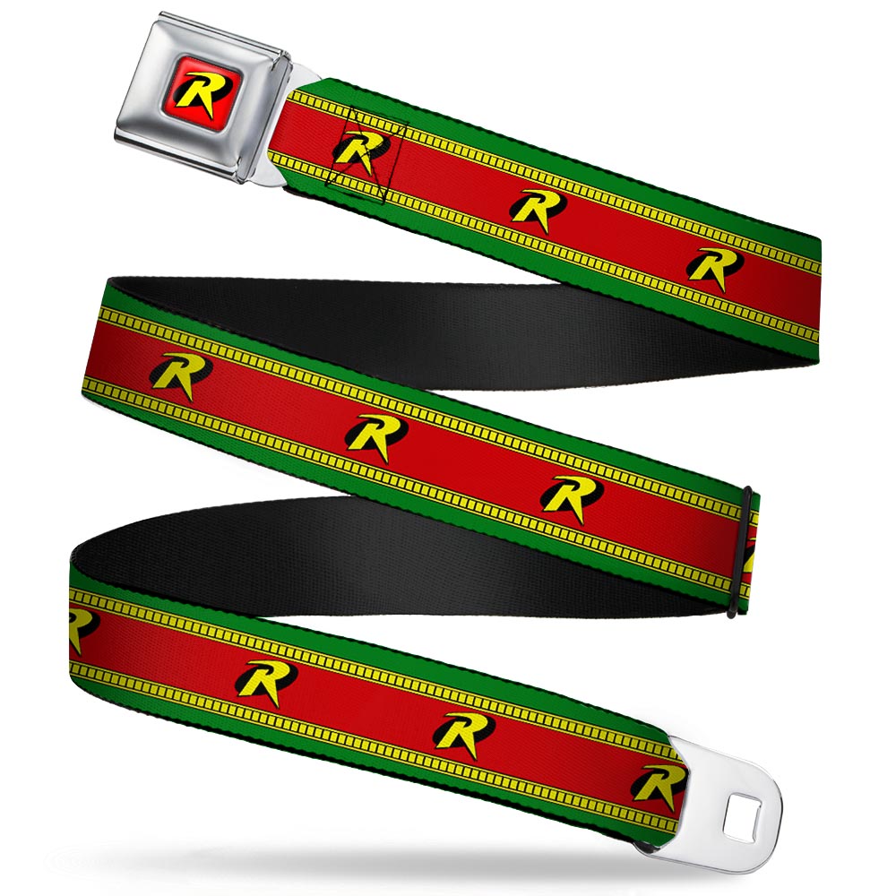 Robin "R" Logo Full Color Red Black Yellow Seatbelt Belt - Robin "R" Logo Stripe Green/Yellow/Red/Black Webbing Seatbelt Belts DC Comics