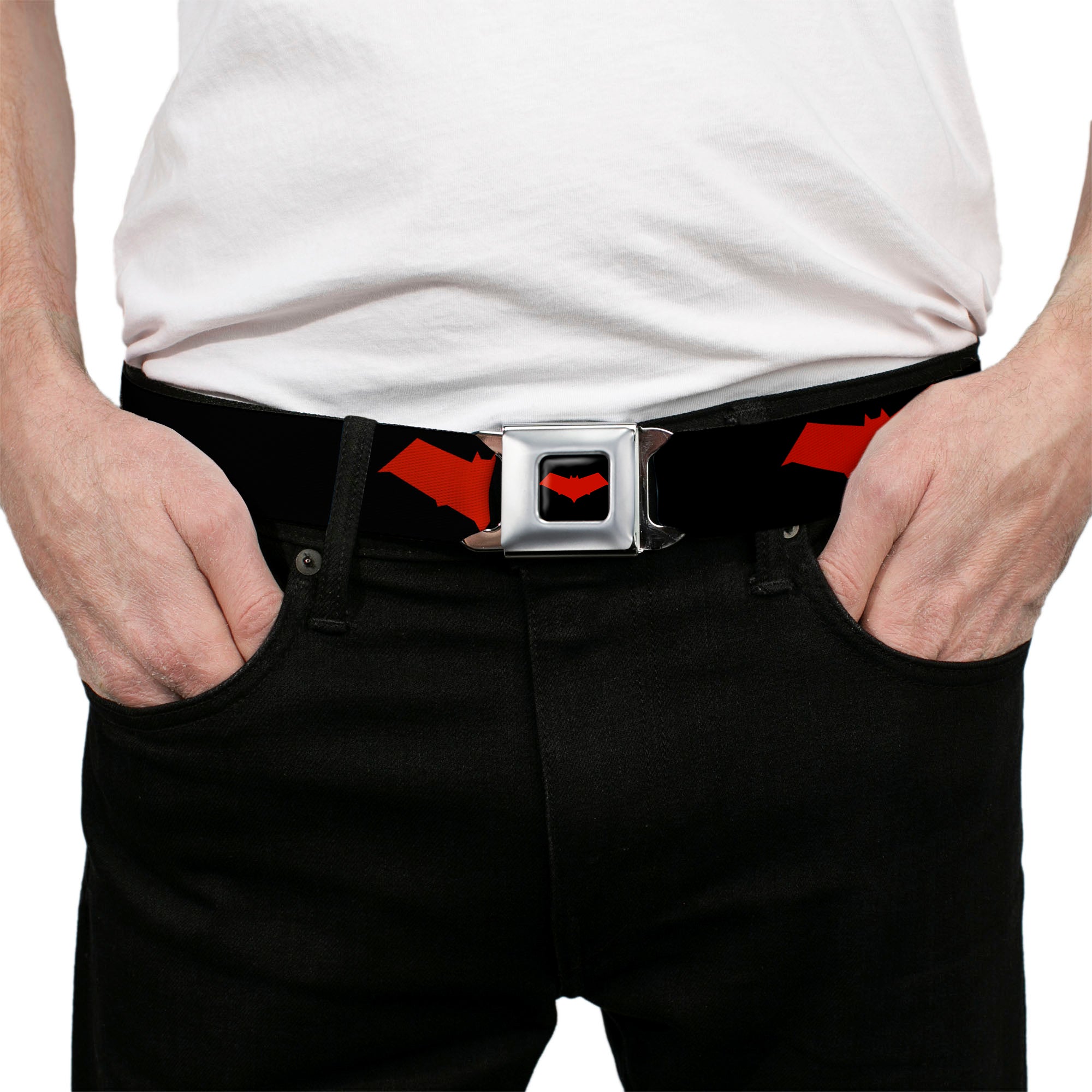 Red Hood Logo Full Color Black Red Seatbelt Belt - Red Hood Logo Black/Red Webbing Seatbelt Belts DC Comics