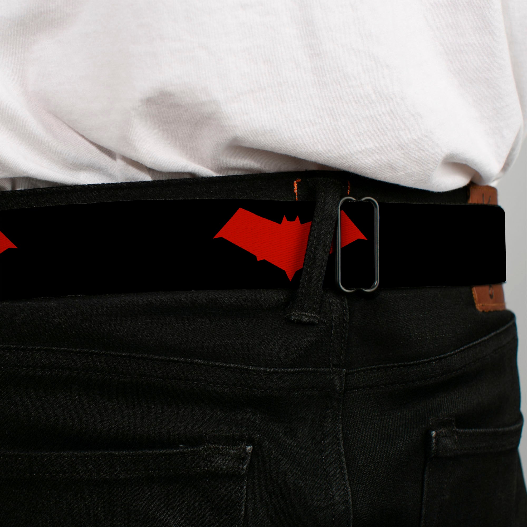 Red Hood Logo Full Color Black Red Seatbelt Belt - Red Hood Logo Black/Red Webbing Seatbelt Belts DC Comics