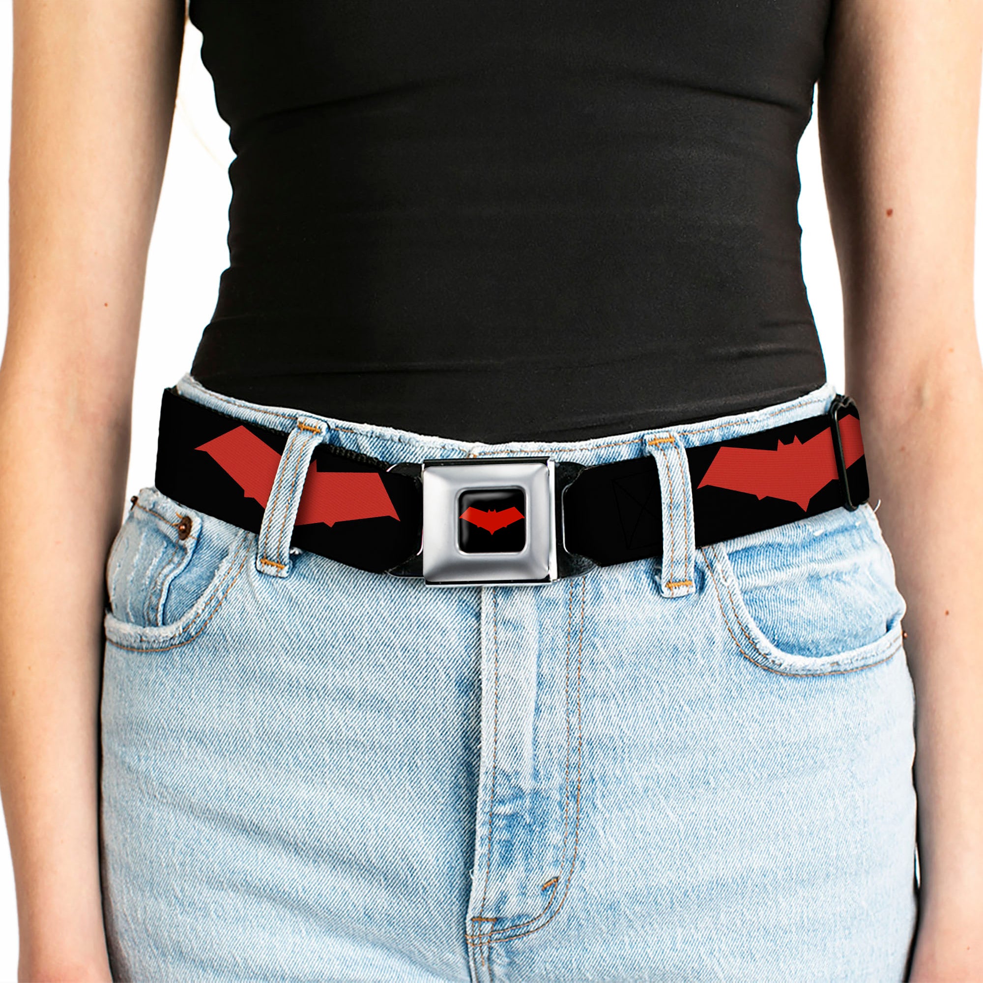 Red Hood Logo Full Color Black Red Seatbelt Belt - Red Hood Logo Black/Red Webbing Seatbelt Belts DC Comics