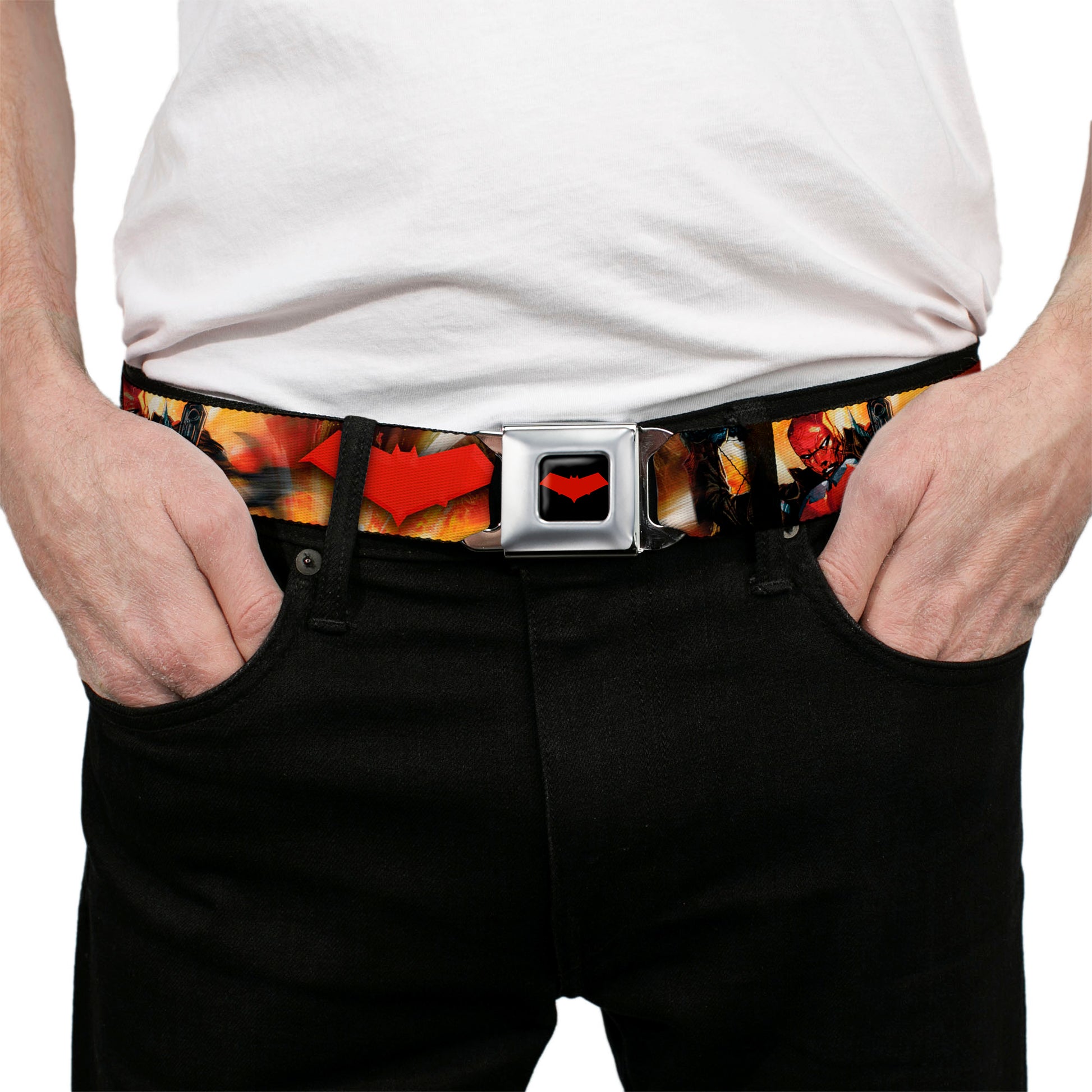 Red Hood Logo Full Color Black Red Seatbelt Belt - Red Hood and the Outlaws #29 Shooting/Explosion Cover Pose/Logo Webbing Seatbelt Belts DC Comics