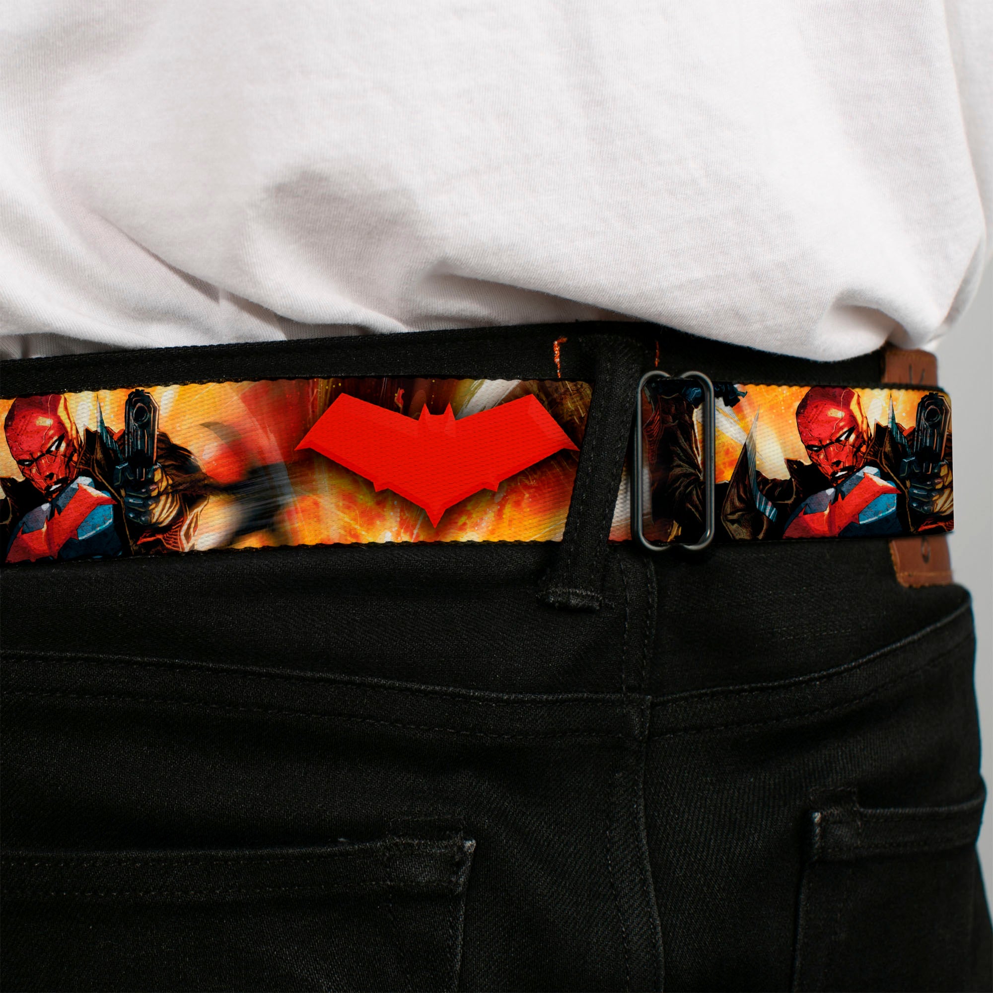 Red Hood Logo Full Color Black Red Seatbelt Belt - Red Hood and the Outlaws #29 Shooting/Explosion Cover Pose/Logo Webbing Seatbelt Belts DC Comics