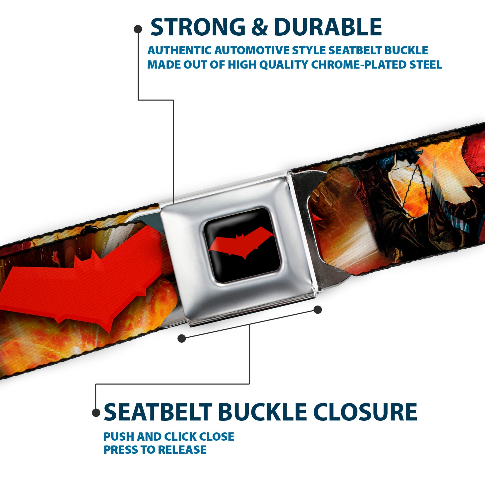 Red Hood Logo Full Color Black Red Seatbelt Belt - Red Hood and the Outlaws #29 Shooting/Explosion Cover Pose/Logo Webbing Seatbelt Belts DC Comics