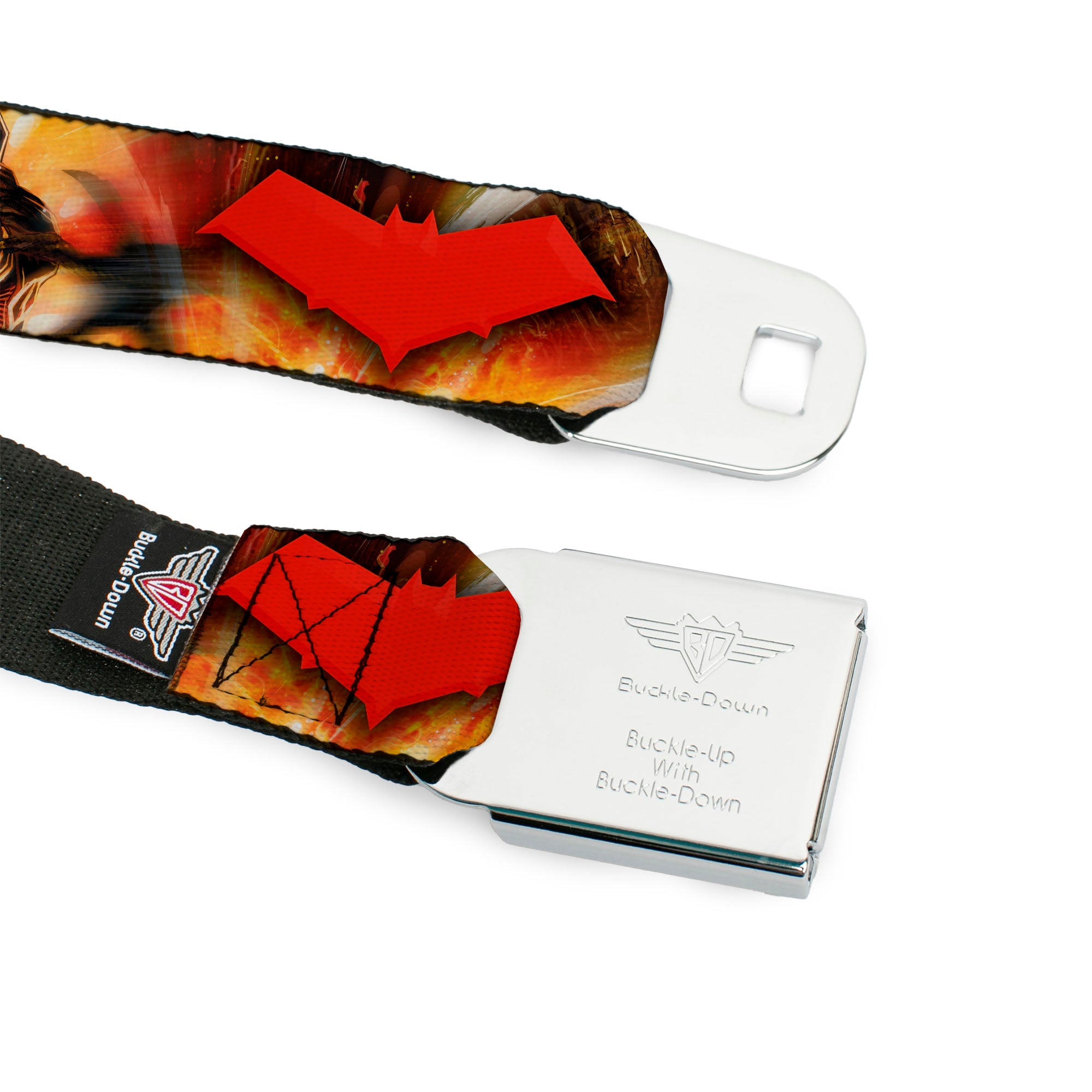 Red Hood Logo Full Color Black Red Seatbelt Belt - Red Hood and the Outlaws #29 Shooting/Explosion Cover Pose/Logo Webbing Seatbelt Belts DC Comics