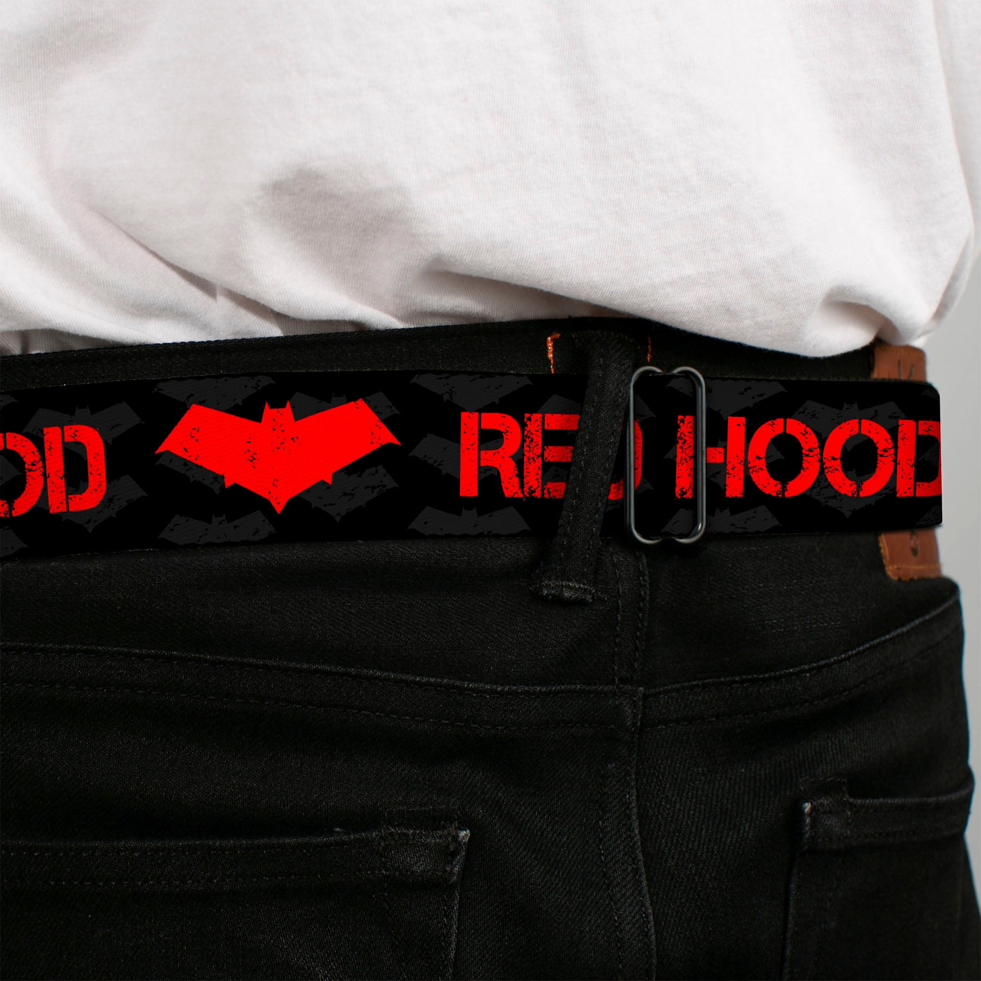 Red Hood Logo Full Color Black Red Seatbelt Belt - RED HOOD/Logo Weathered Black/Gray/Red Webbing Seatbelt Belts DC Comics