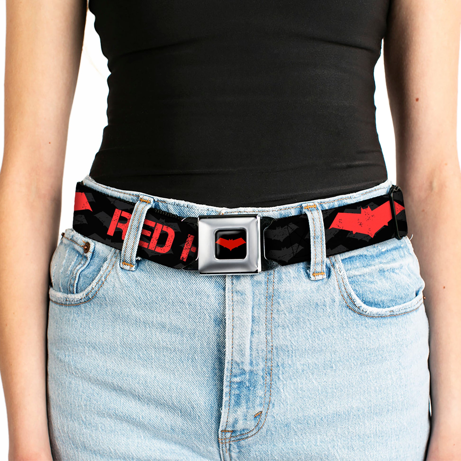 Red Hood Logo Full Color Black Red Seatbelt Belt - RED HOOD/Logo Weathered Black/Gray/Red Webbing Seatbelt Belts DC Comics