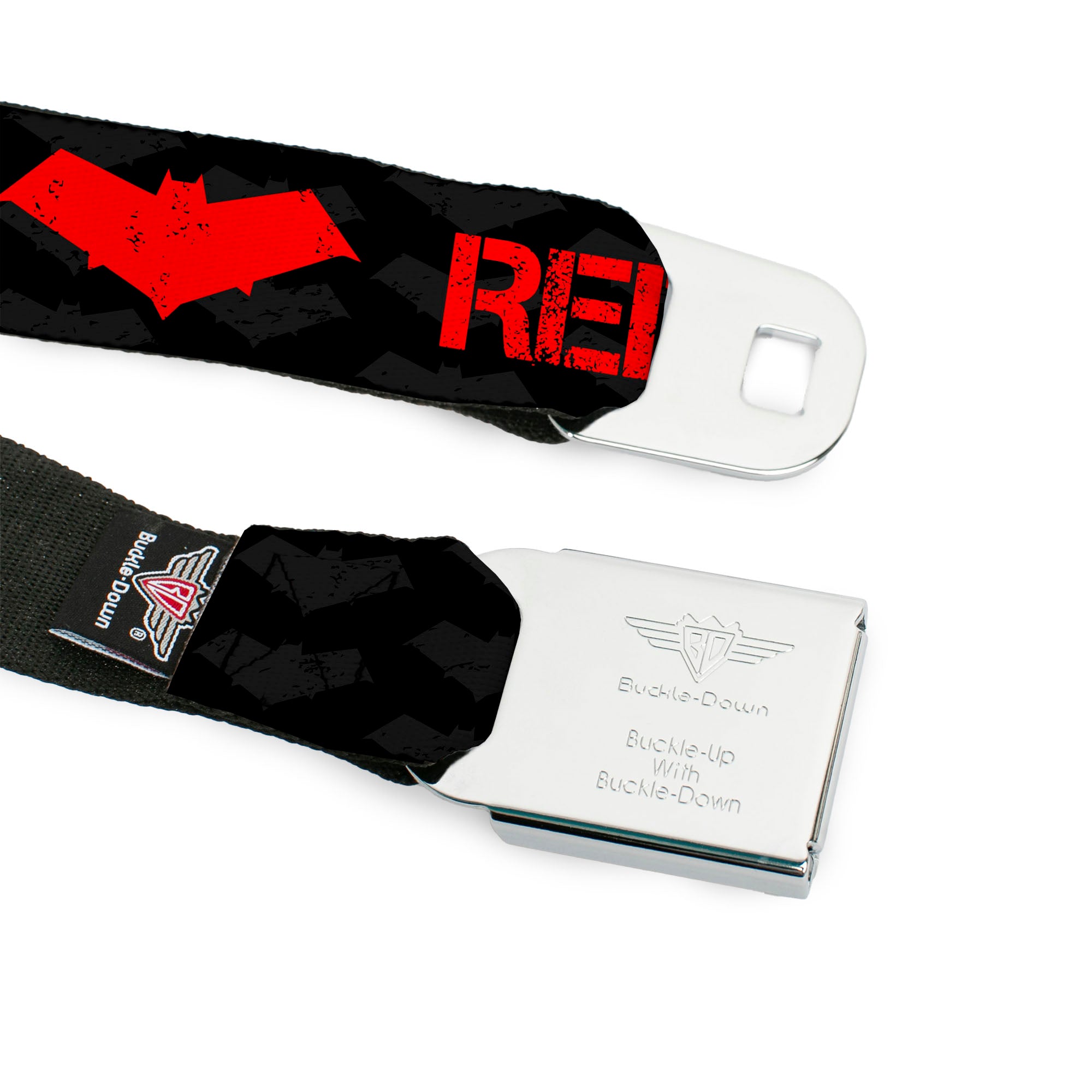 Red Hood Logo Full Color Black Red Seatbelt Belt - RED HOOD/Logo Weathered Black/Gray/Red Webbing Seatbelt Belts DC Comics