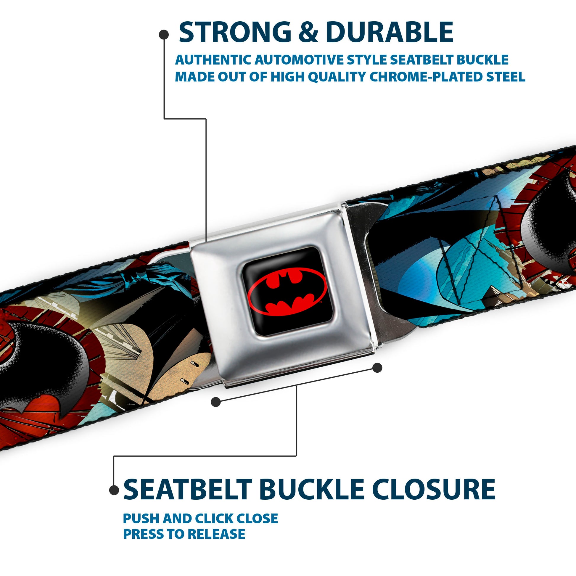Batman Full Color Black Red Seatbelt Belt - Flashpoint Batman Action Pose2/Shattered Bat Signal/Cityscape Webbing Seatbelt Belts DC Comics