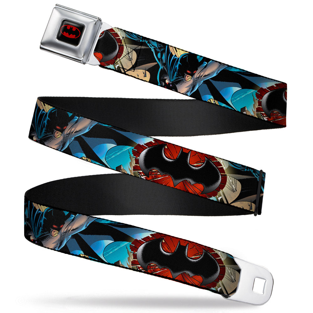 Batman Full Color Black Red Seatbelt Belt - Flashpoint Batman Action Pose2/Shattered Bat Signal/Cityscape Webbing Seatbelt Belts DC Comics