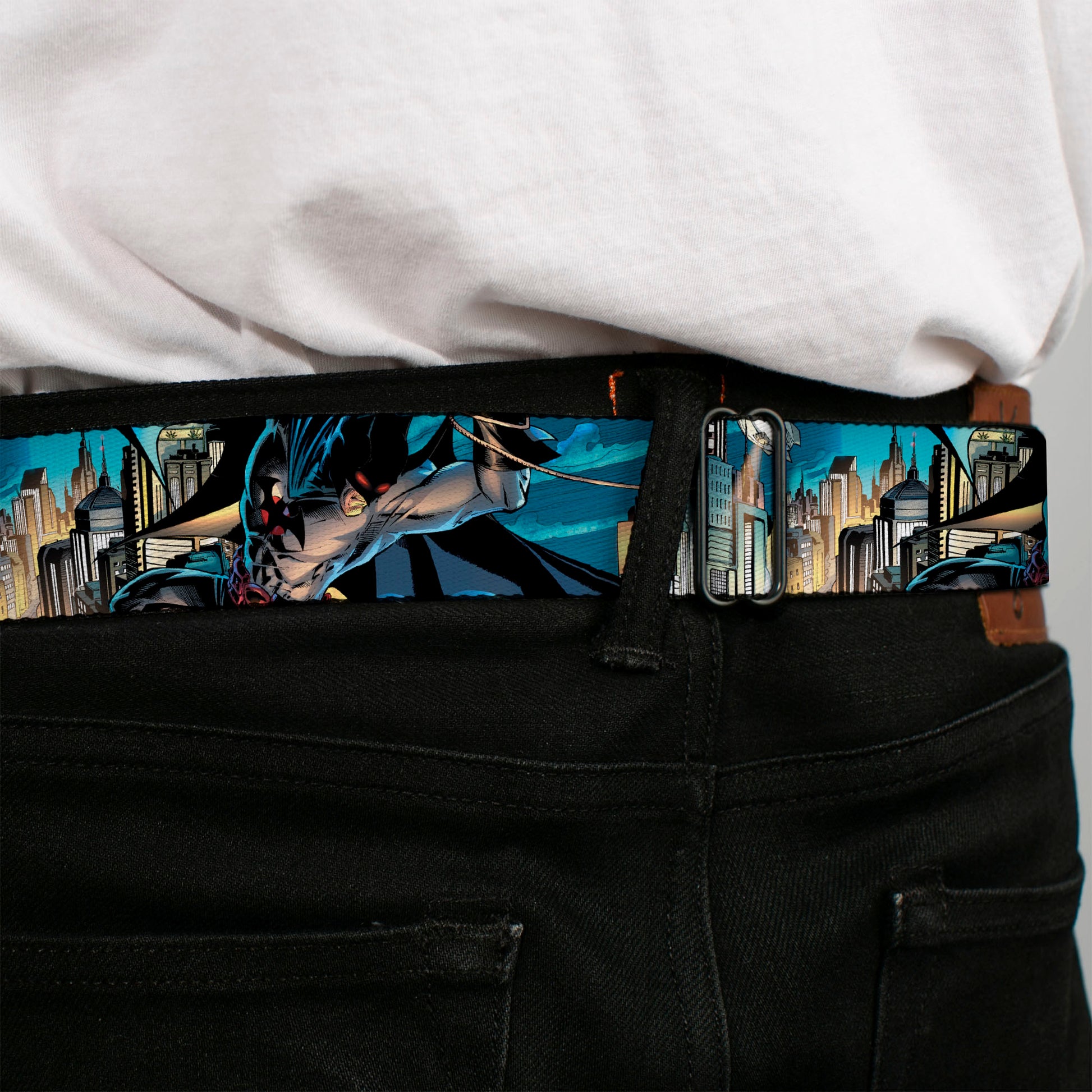 Mini Stacked Bats Dots Batman Logo Full Color Black White Gray Seatbelt Belt - Flashpoint Batman Action Pose/Cityscape Webbing Seatbelt Belts DC Comics