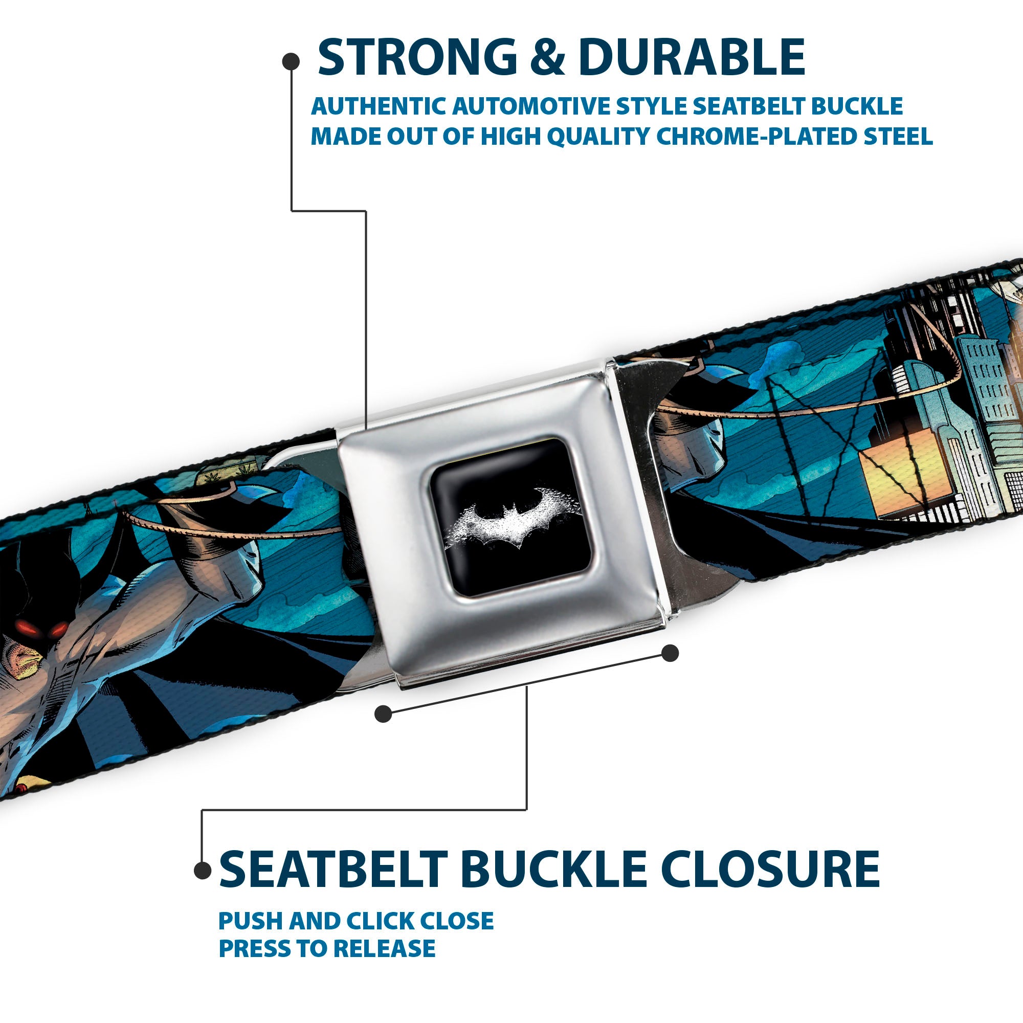 Mini Stacked Bats Dots Batman Logo Full Color Black White Gray Seatbelt Belt - Flashpoint Batman Action Pose/Cityscape Webbing Seatbelt Belts DC Comics