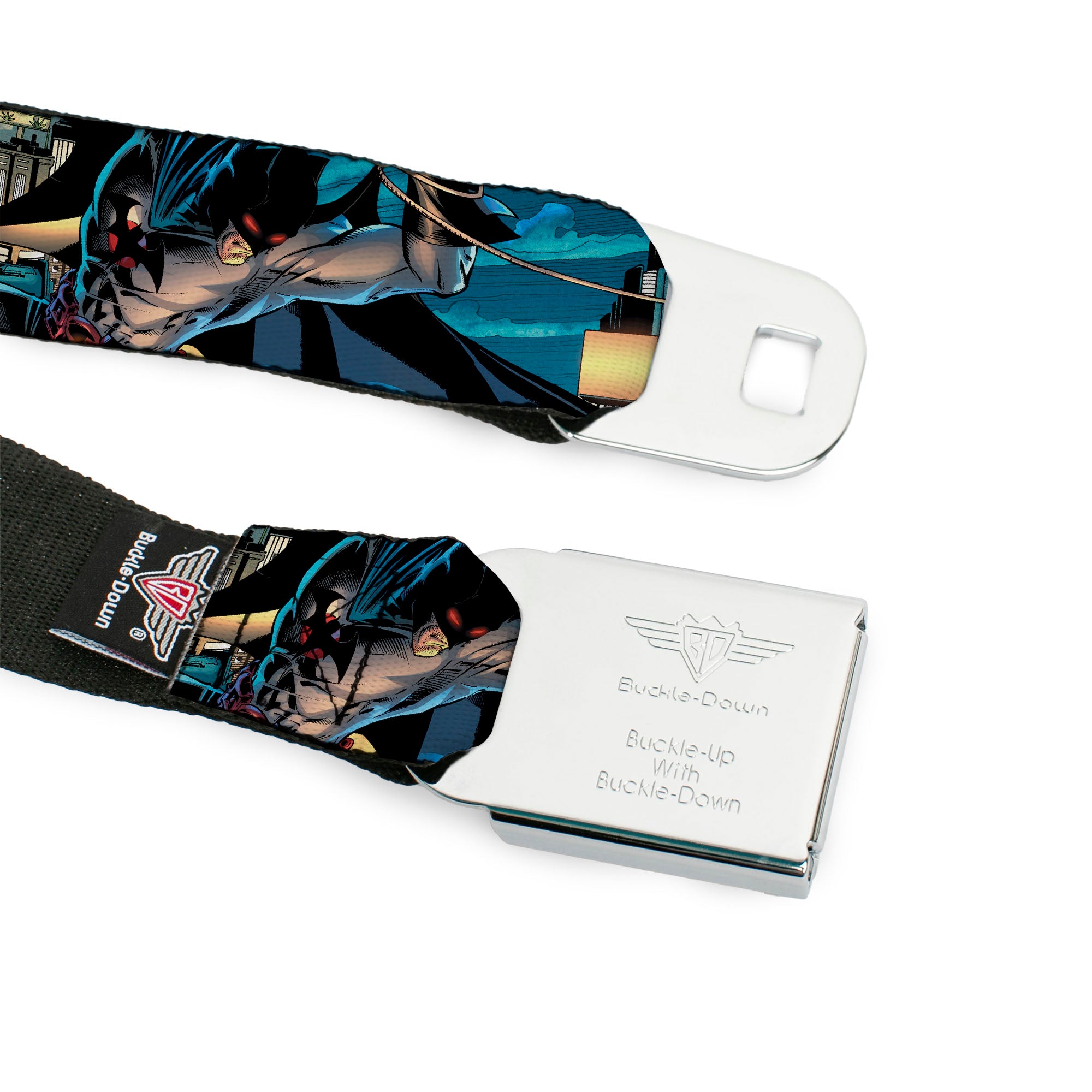 Mini Stacked Bats Dots Batman Logo Full Color Black White Gray Seatbelt Belt - Flashpoint Batman Action Pose/Cityscape Webbing Seatbelt Belts DC Comics