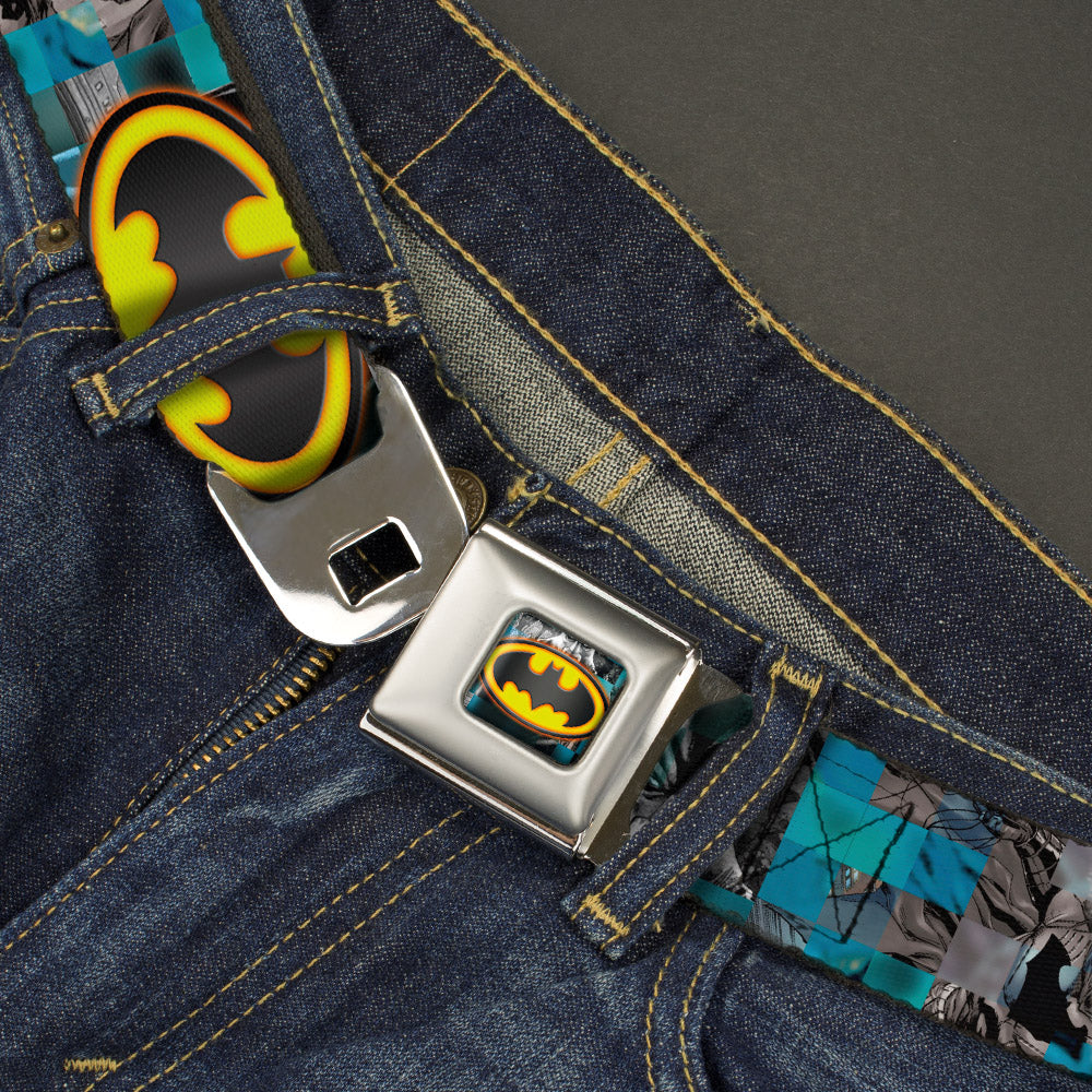 Bat Shield Glow Checkers Full Color Blues Grays Gold Black Seatbelt Belt - Batman Detective Comics 2-Poses/Bat Signal Checker Blues/Grays/Yellow/Black Webbing Seatbelt Belts DC Comics