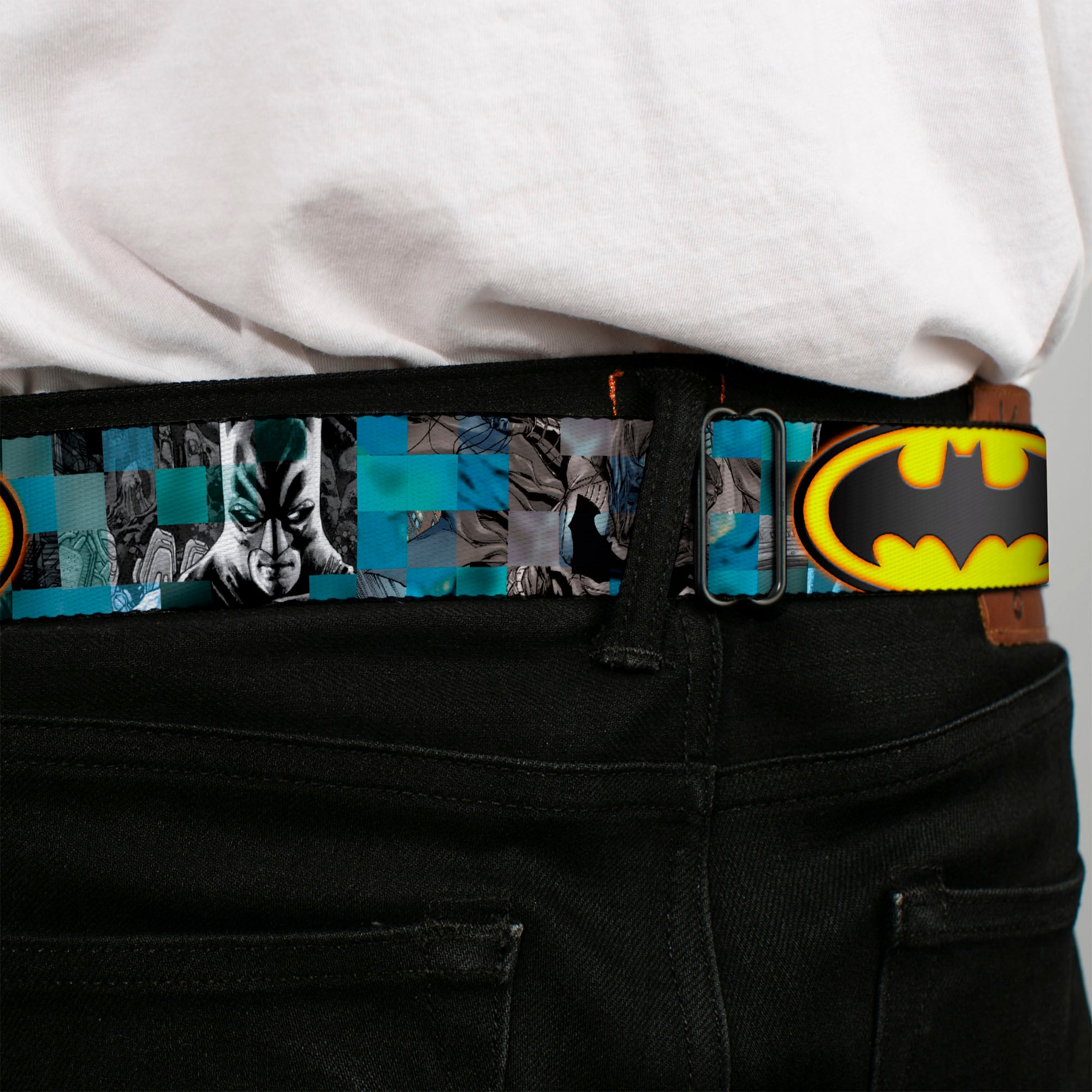 Bat Shield Glow Checkers Full Color Blues Grays Gold Black Seatbelt Belt - Batman Detective Comics 2-Poses/Bat Signal Checker Blues/Grays/Yellow/Black Webbing Seatbelt Belts DC Comics