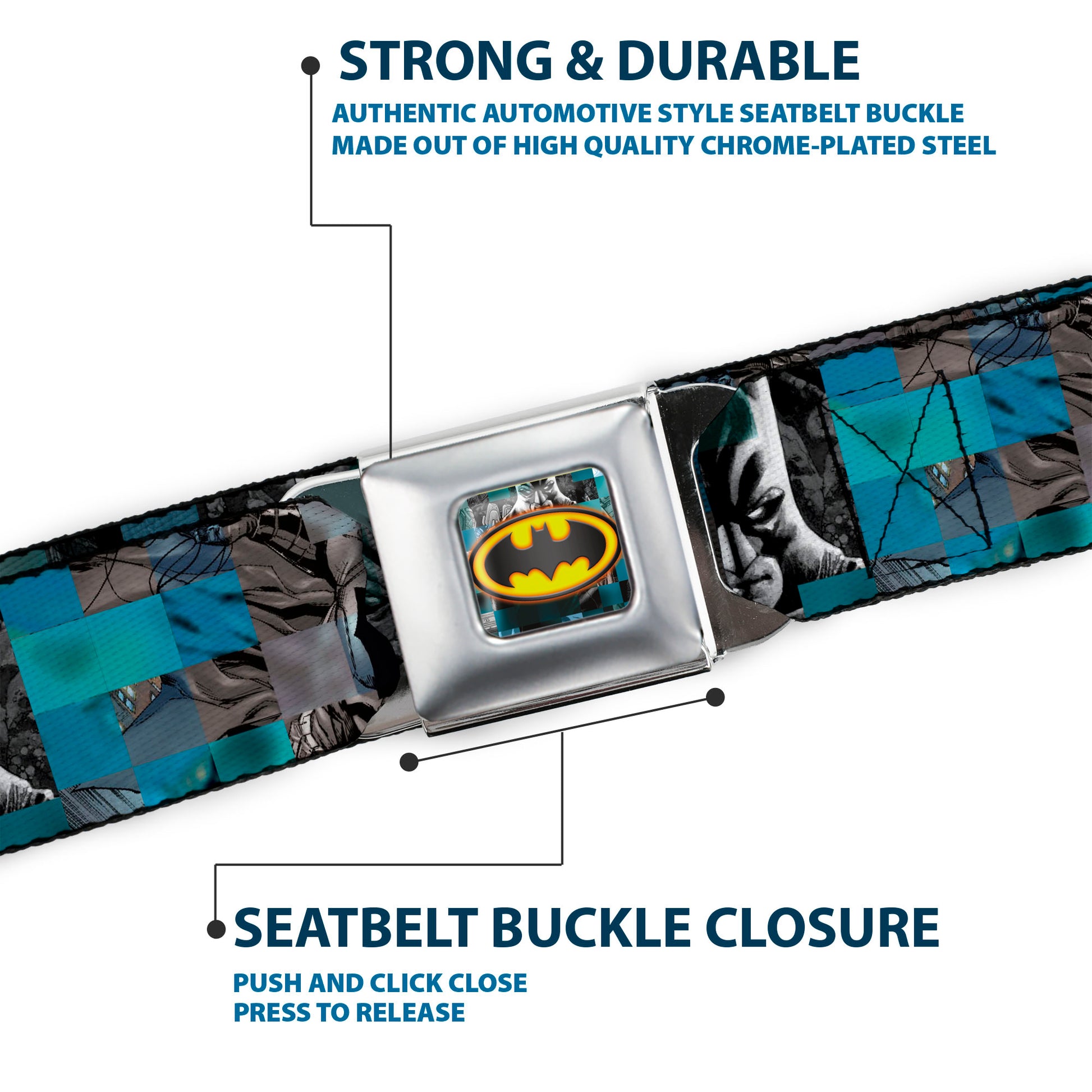 Bat Shield Glow Checkers Full Color Blues Grays Gold Black Seatbelt Belt - Batman Detective Comics 2-Poses/Bat Signal Checker Blues/Grays/Yellow/Black Webbing Seatbelt Belts DC Comics