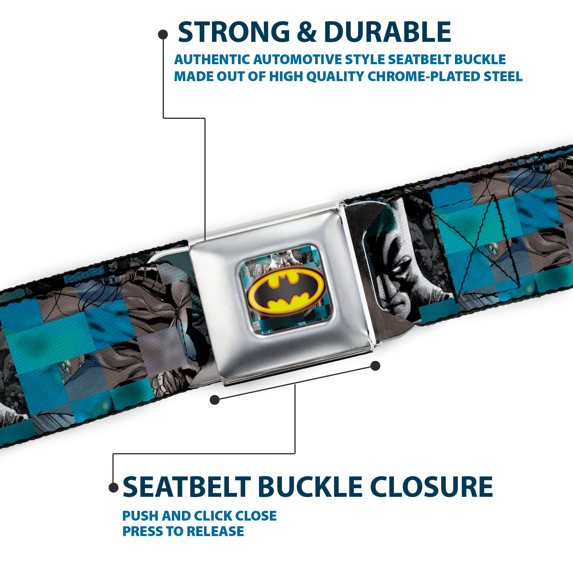 Bat Shield Glow Checkers Full Color Blues Grays Gold Black Seatbelt Belt - Batman Detective Comics 2-Poses/Bat Signal Checker Blues/Grays/Yellow/Black Webbing Seatbelt Belts DC Comics