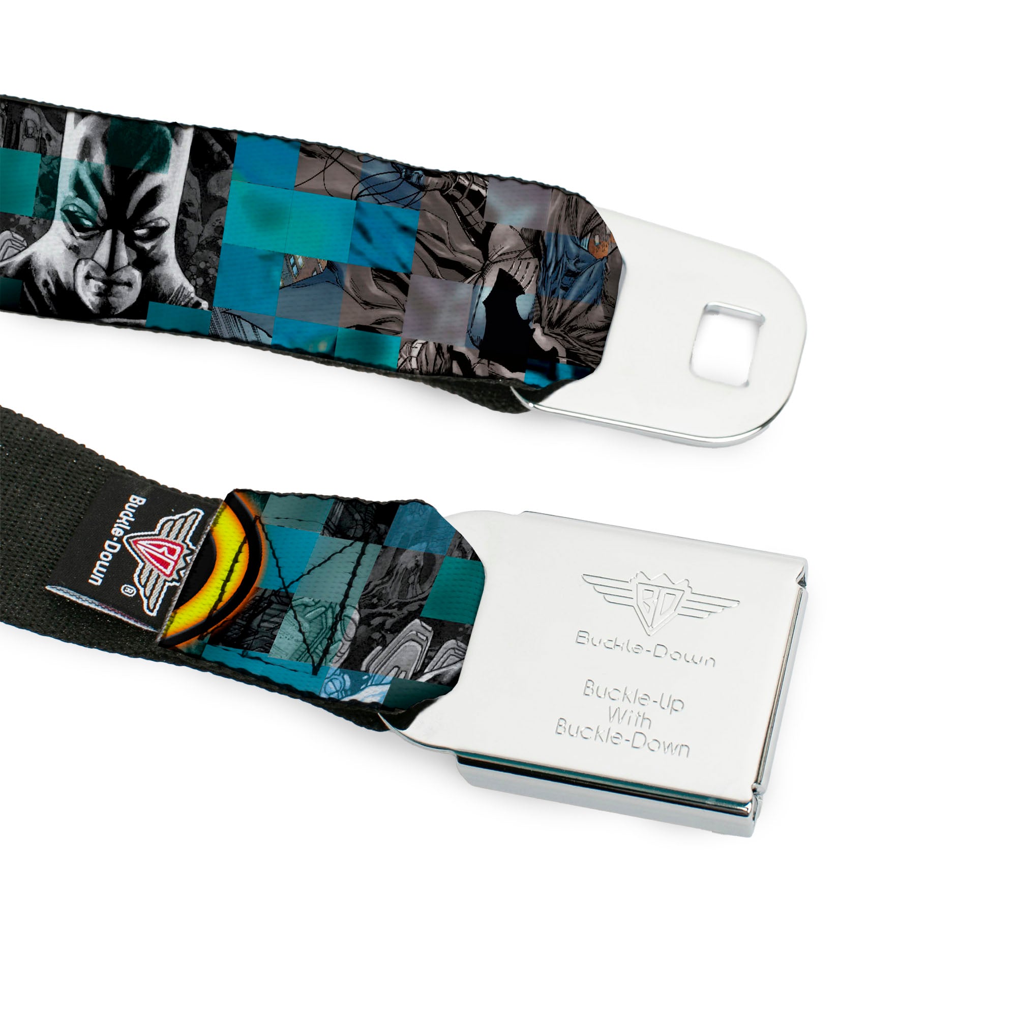 Bat Shield Glow Checkers Full Color Blues Grays Gold Black Seatbelt Belt - Batman Detective Comics 2-Poses/Bat Signal Checker Blues/Grays/Yellow/Black Webbing Seatbelt Belts DC Comics
