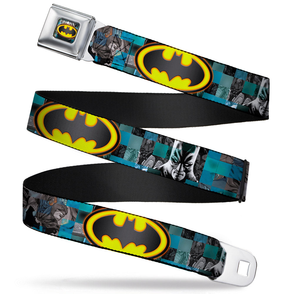 Bat Shield Glow Checkers Full Color Blues Grays Gold Black Seatbelt Belt - Batman Detective Comics 2-Poses/Bat Signal Checker Blues/Grays/Yellow/Black Webbing Seatbelt Belts DC Comics