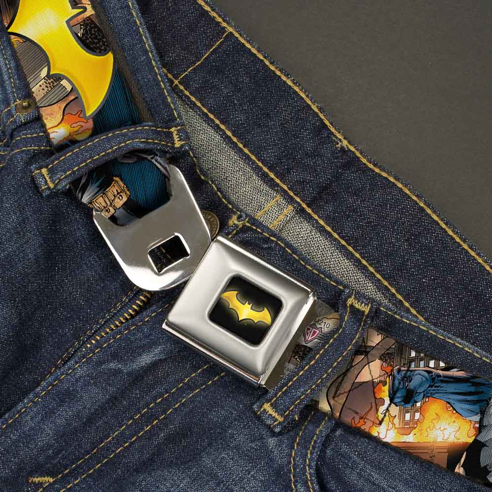 Bat Shield Full Color Black Golden Yellow Seatbelt Belt - Bat Shield/Urban Legend Action Poses/Fire Full Color/Golden Yellow Webbing Seatbelt Belts DC Comics