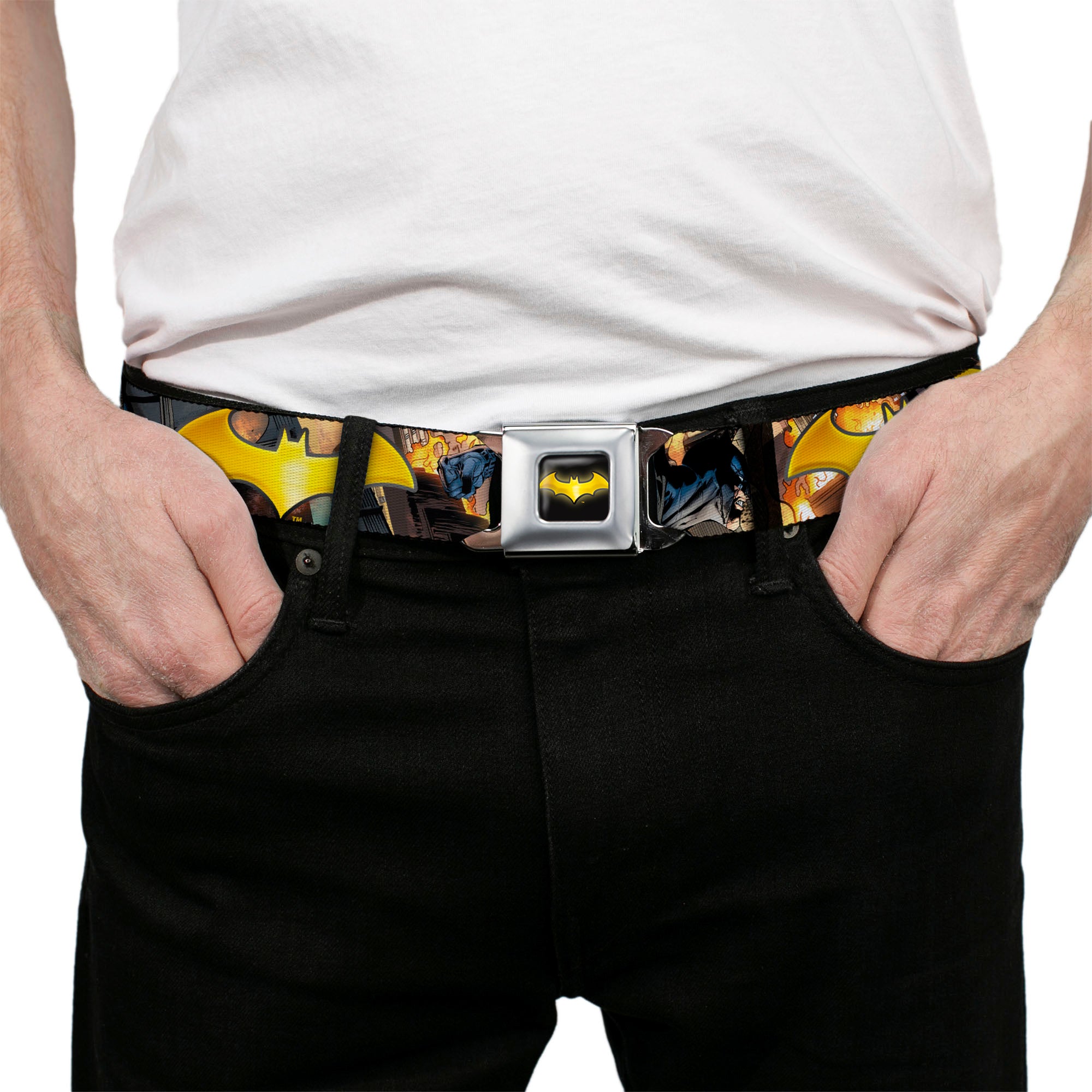 Bat Shield Full Color Black Golden Yellow Seatbelt Belt - Bat Shield/Urban Legend Action Poses/Fire Full Color/Golden Yellow Webbing Seatbelt Belts DC Comics