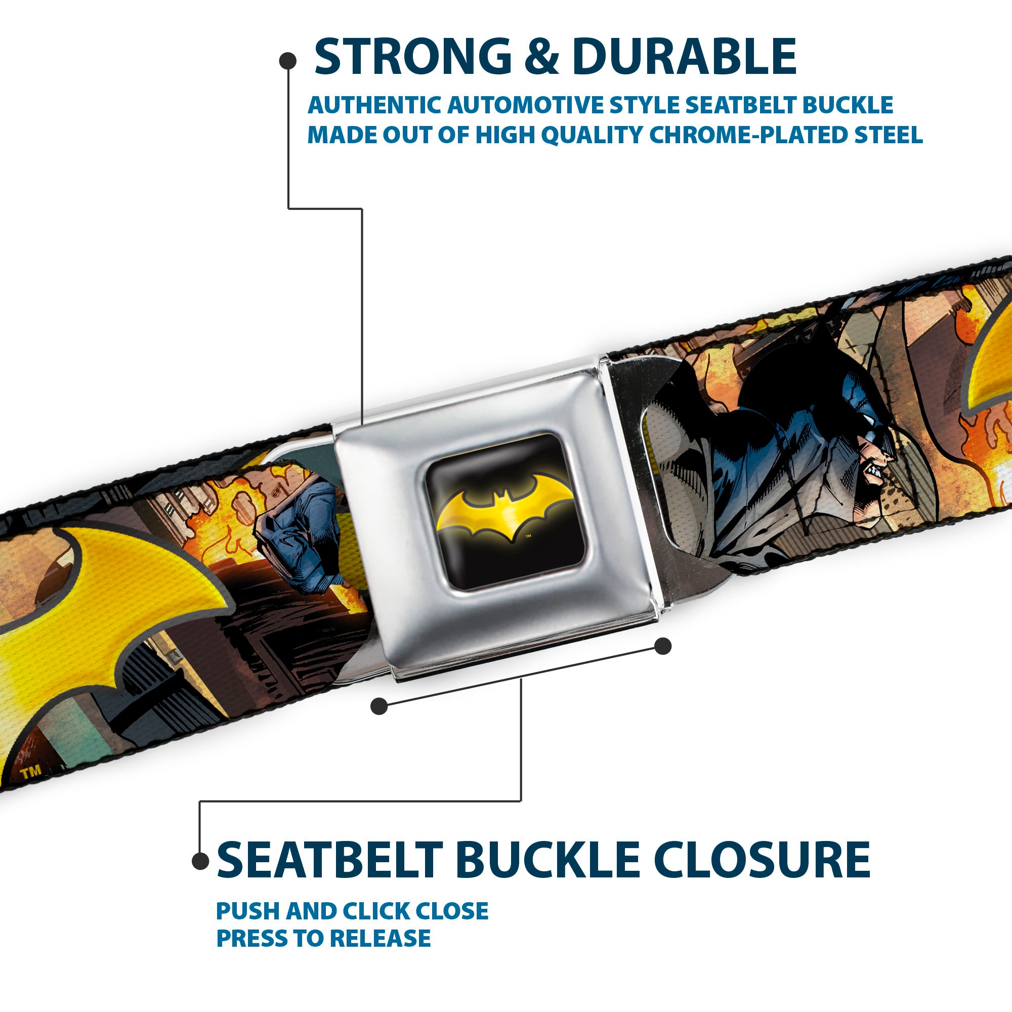 Bat Shield Full Color Black Golden Yellow Seatbelt Belt - Bat Shield/Urban Legend Action Poses/Fire Full Color/Golden Yellow Webbing Seatbelt Belts DC Comics