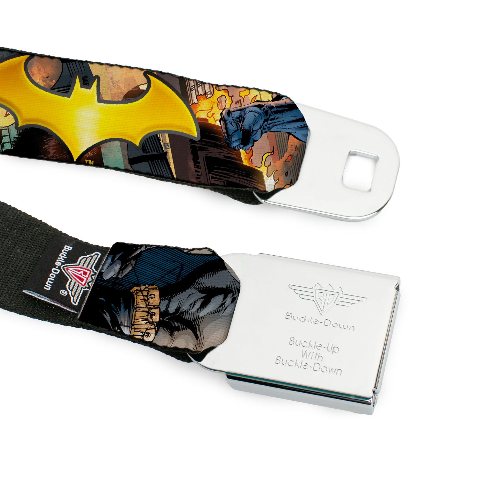 Bat Shield Full Color Black Golden Yellow Seatbelt Belt - Bat Shield/Urban Legend Action Poses/Fire Full Color/Golden Yellow Webbing Seatbelt Belts DC Comics